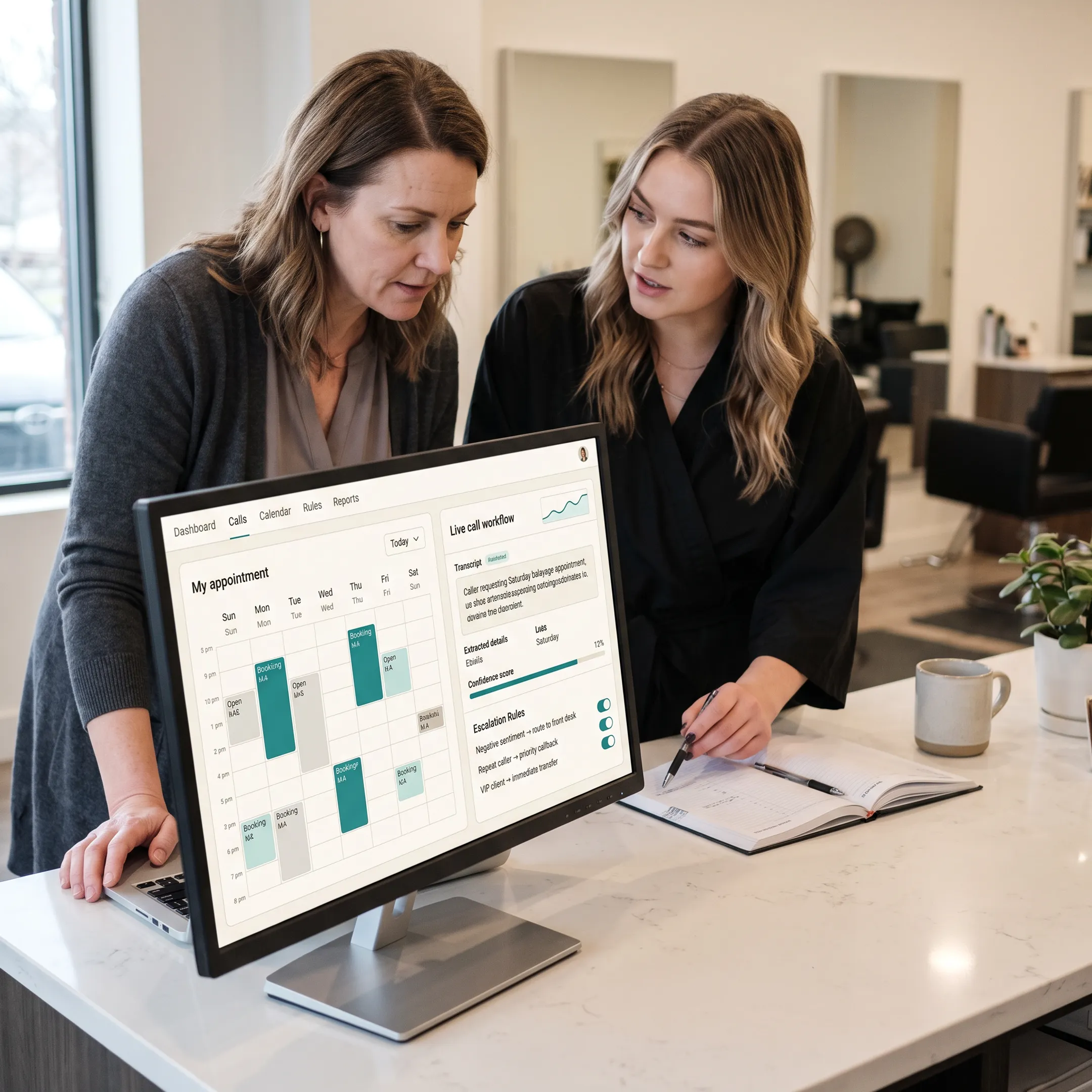 Salon team reviewing an AI receptionist call workflow and appointment calendar