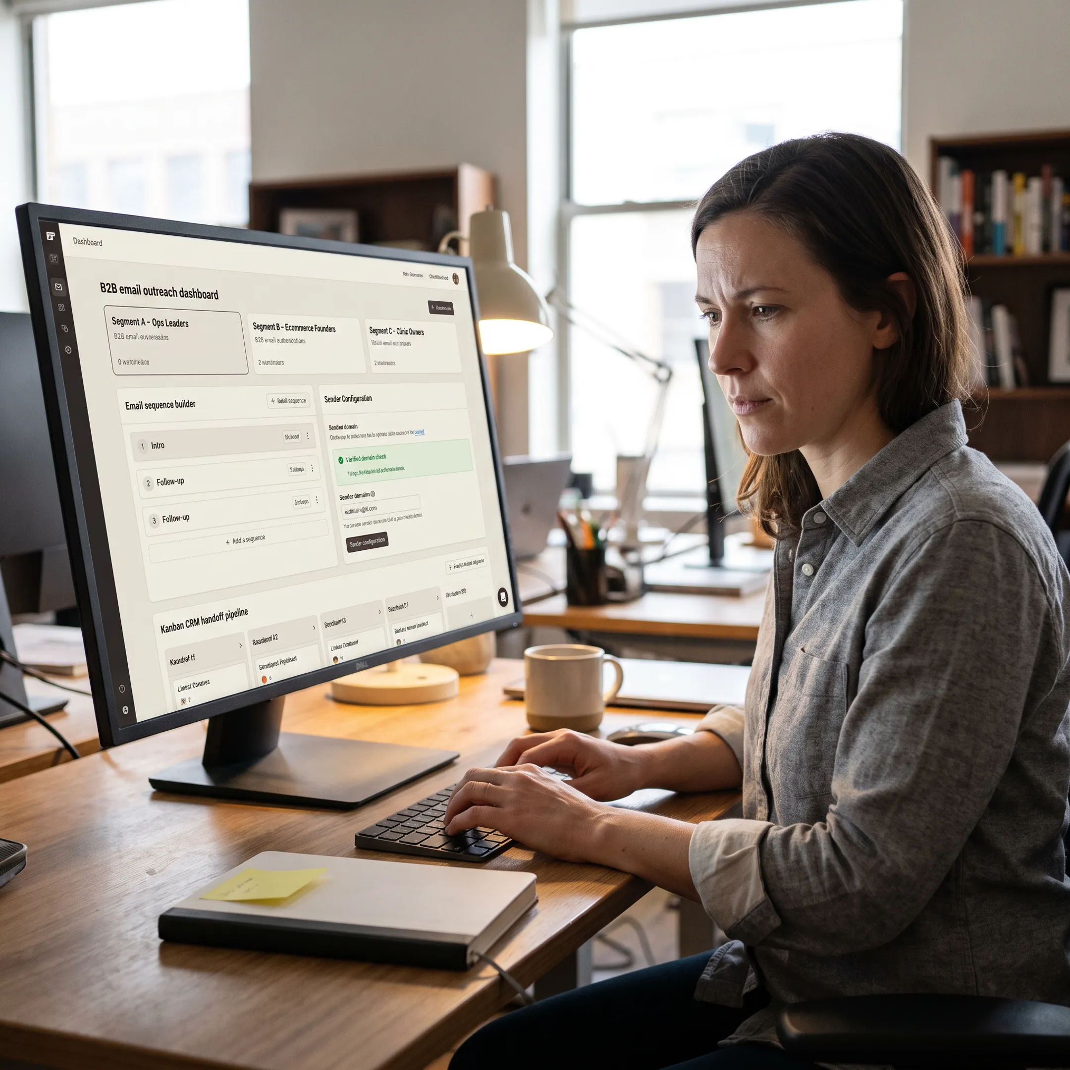 Outreach specialist planning a targeted email sequence and sales handoff