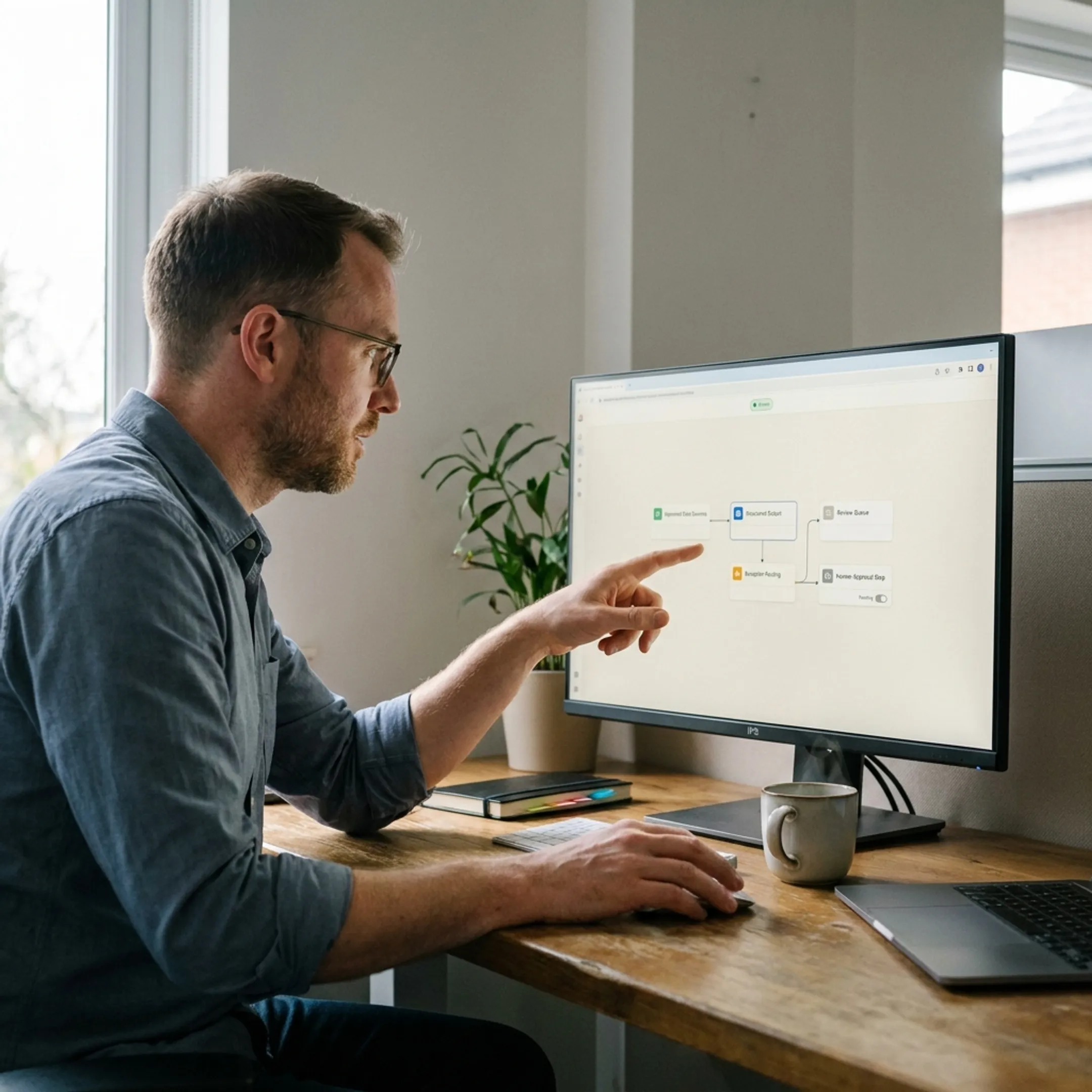 Consultant reviewing an AI agent workflow with structured outputs and approval steps
