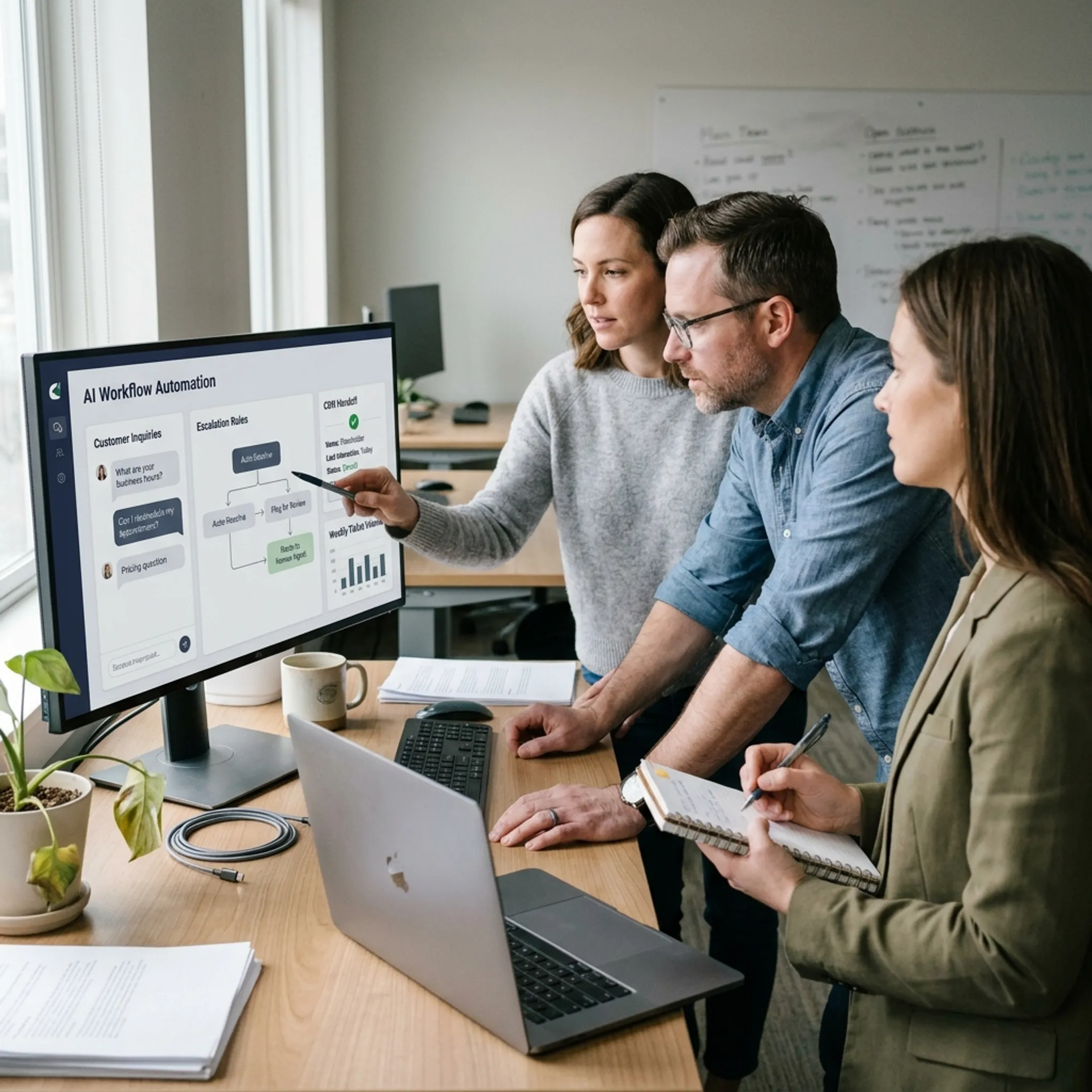 Business team reviewing an AI answering workflow
