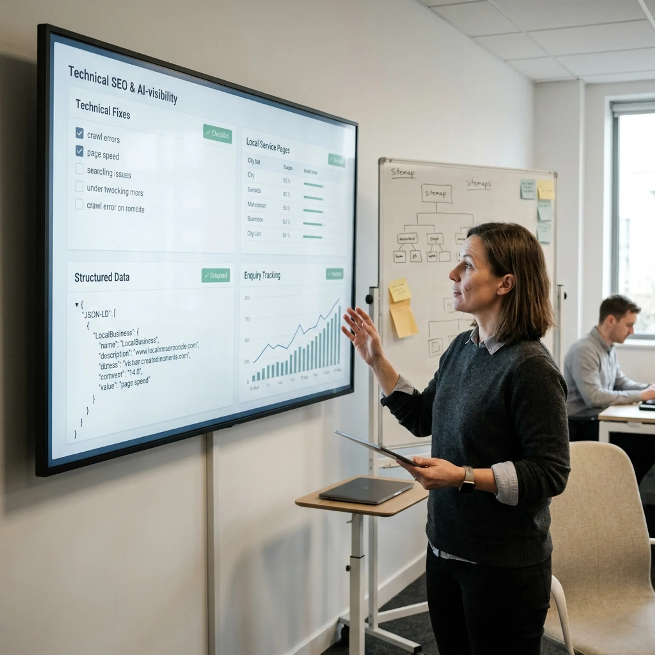 Consultant planning local SEO improvements across website pages and business information
