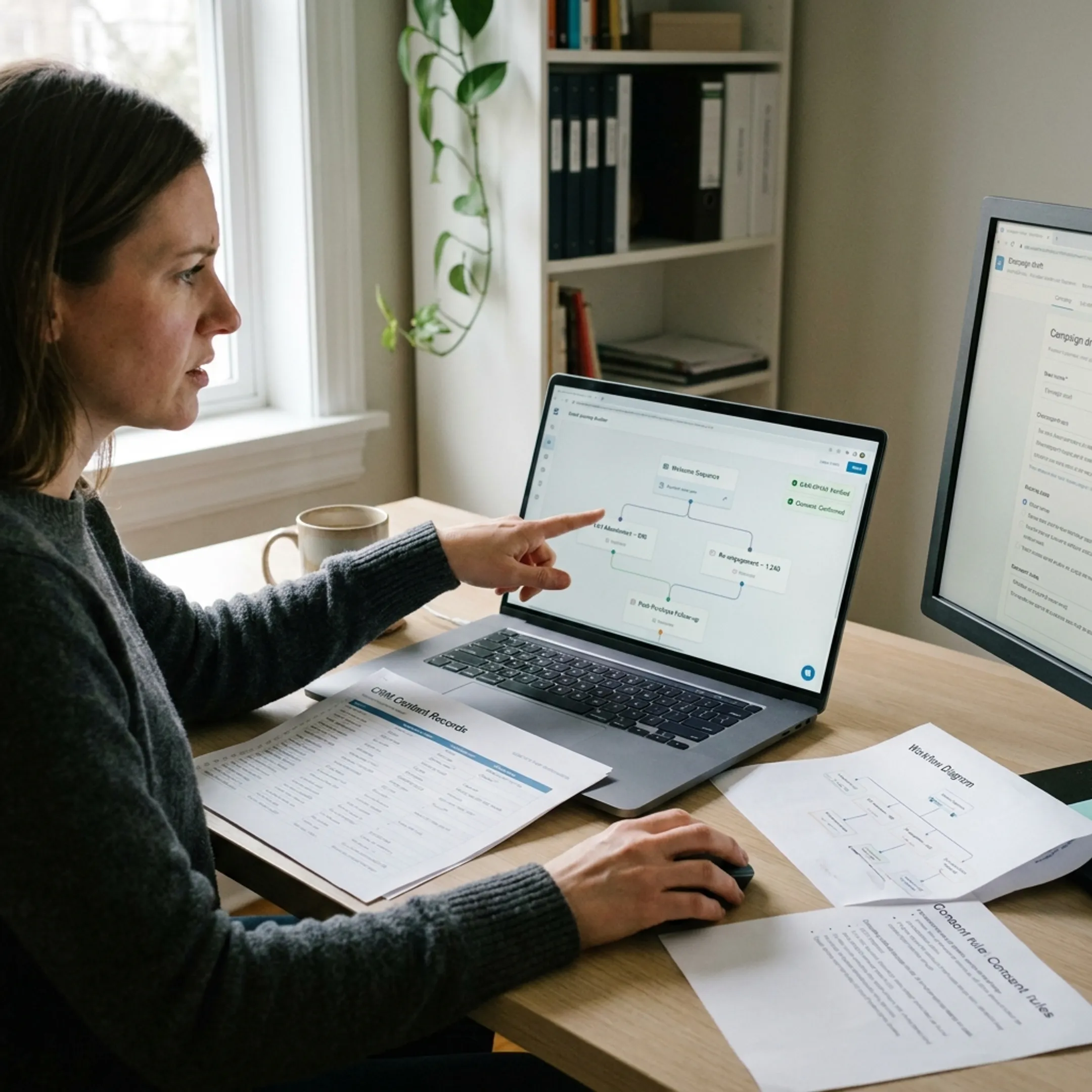 Consultant planning email marketing automation strategy with CRM and audience data