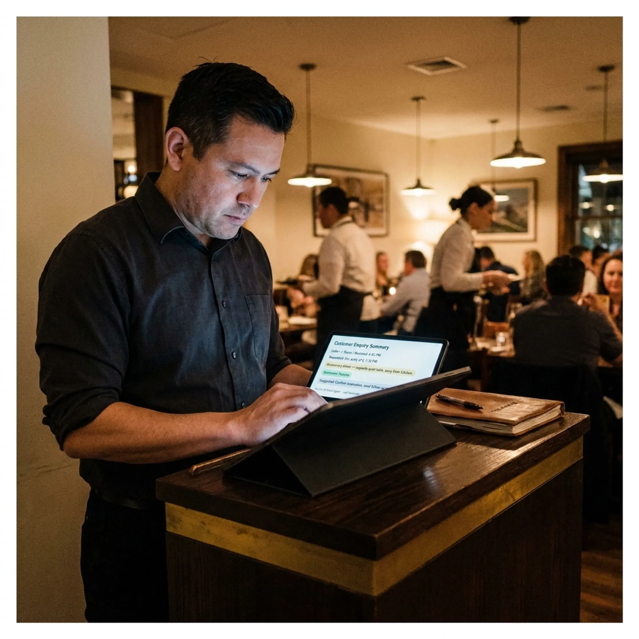 Restaurant operator reviewing structured AI-generated customer enquiry notes