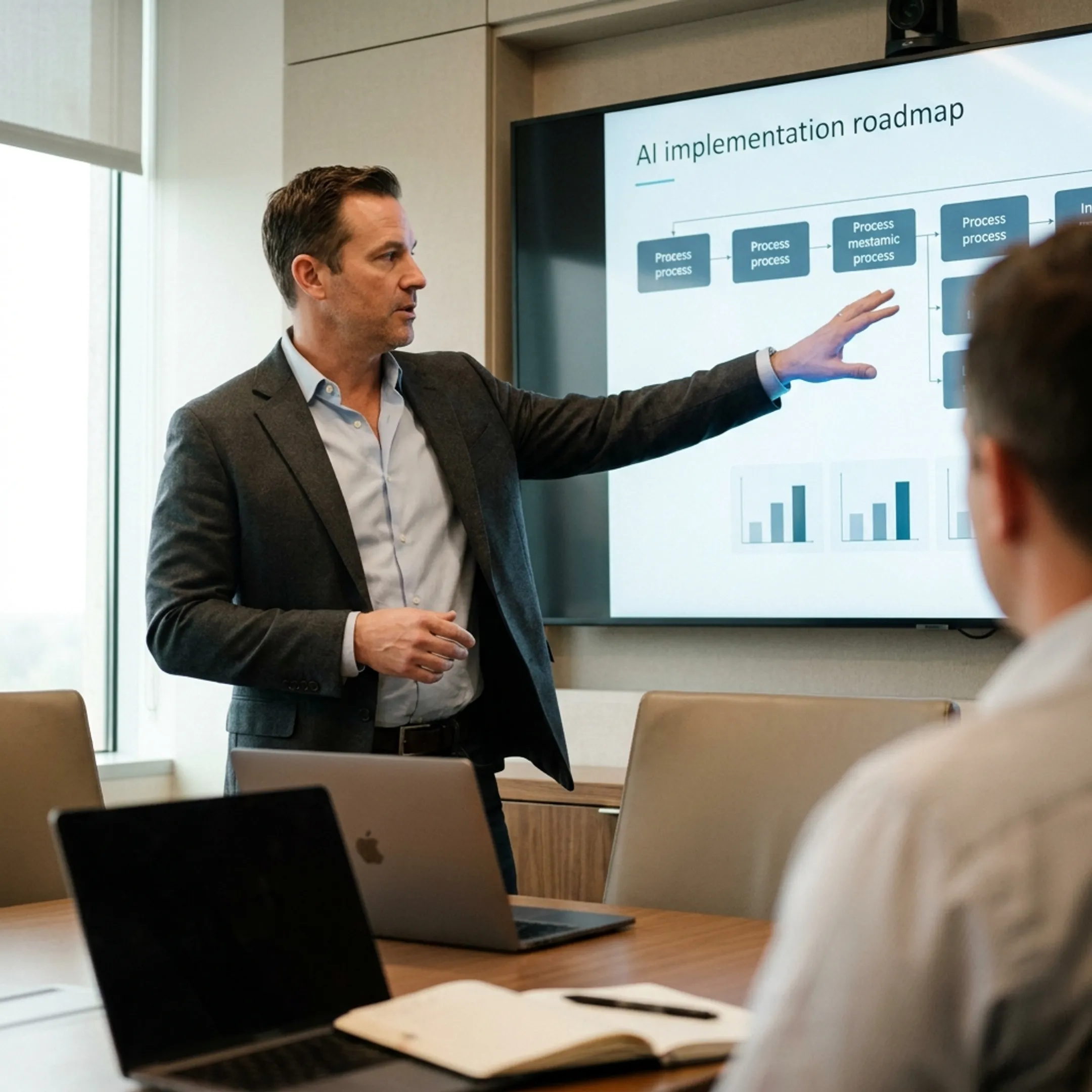 Consultant presenting an AI implementation roadmap and business process analysis