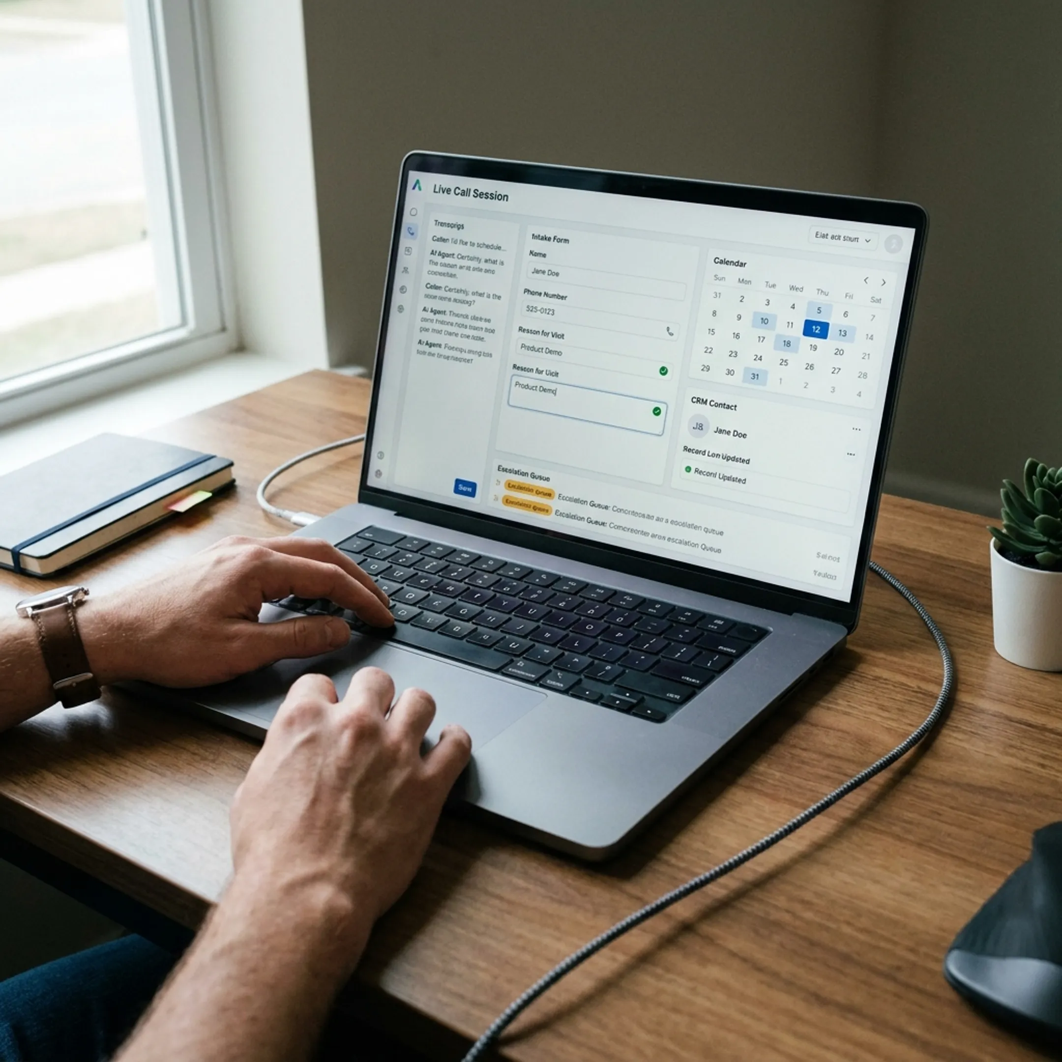 AI voice agent workflow showing call intake, CRM updates, and escalation to a call center team
