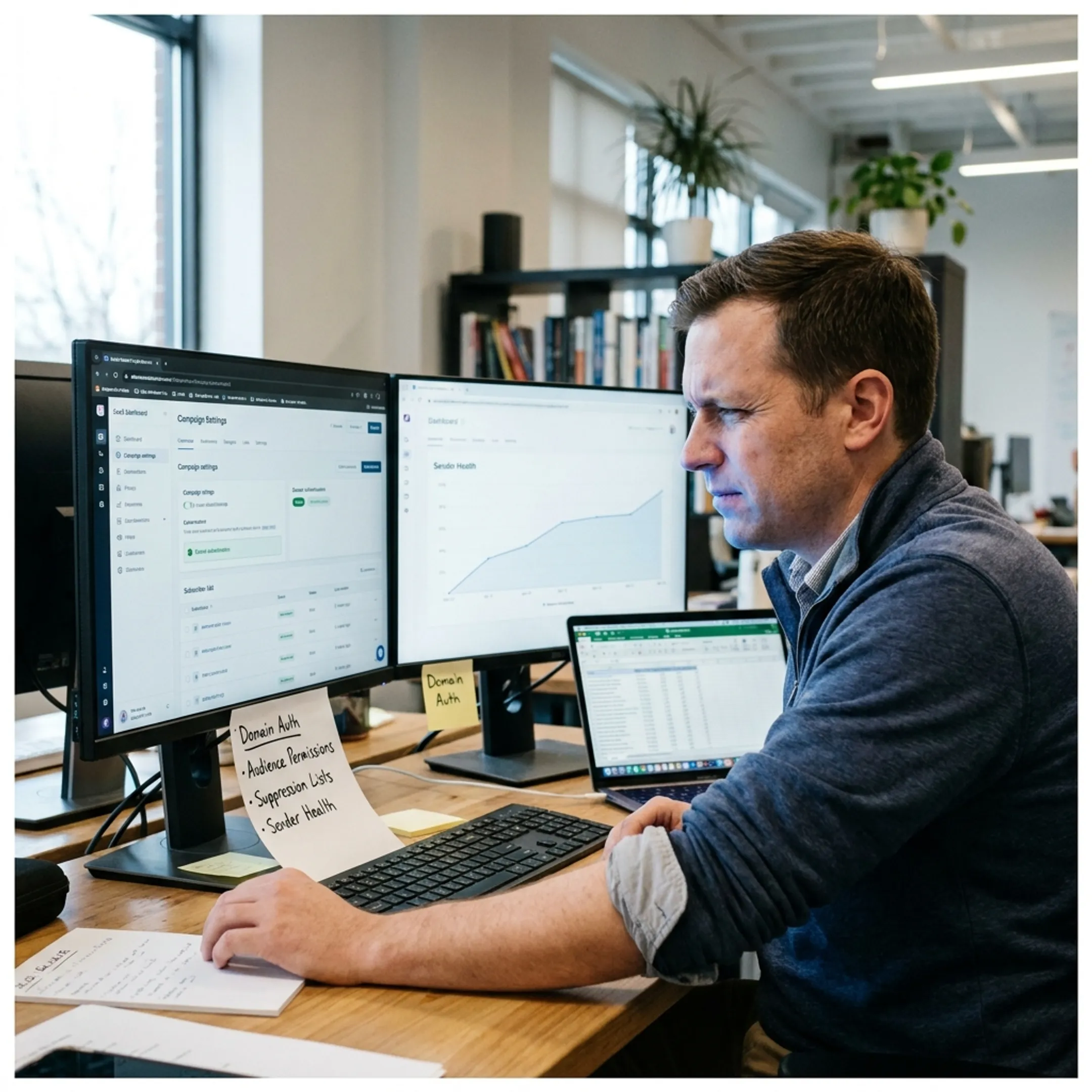 Specialist reviewing email campaign settings, domain authentication and audience suppression controls