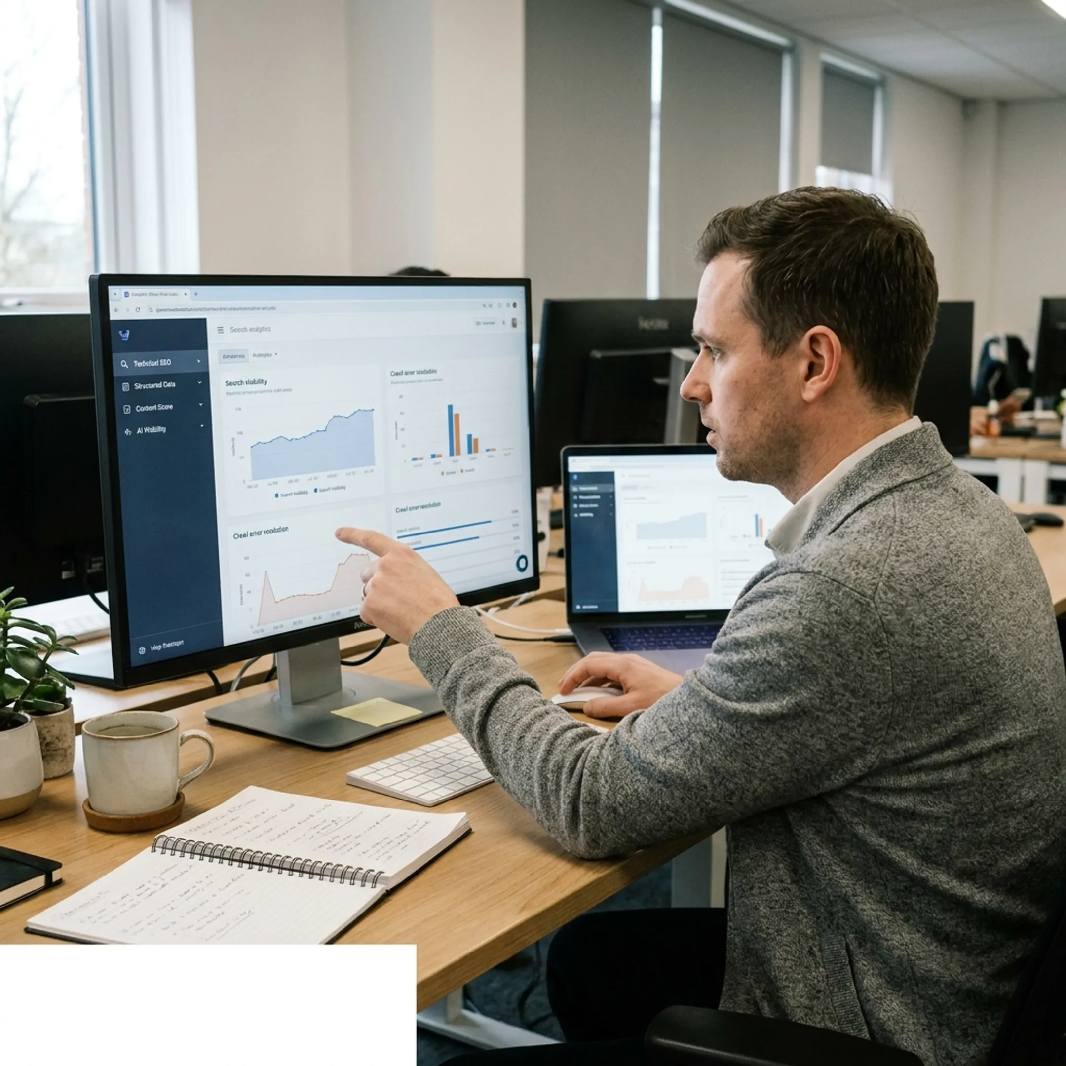 Consultant analyzing SEO structure, content clarity, and AI search visibility