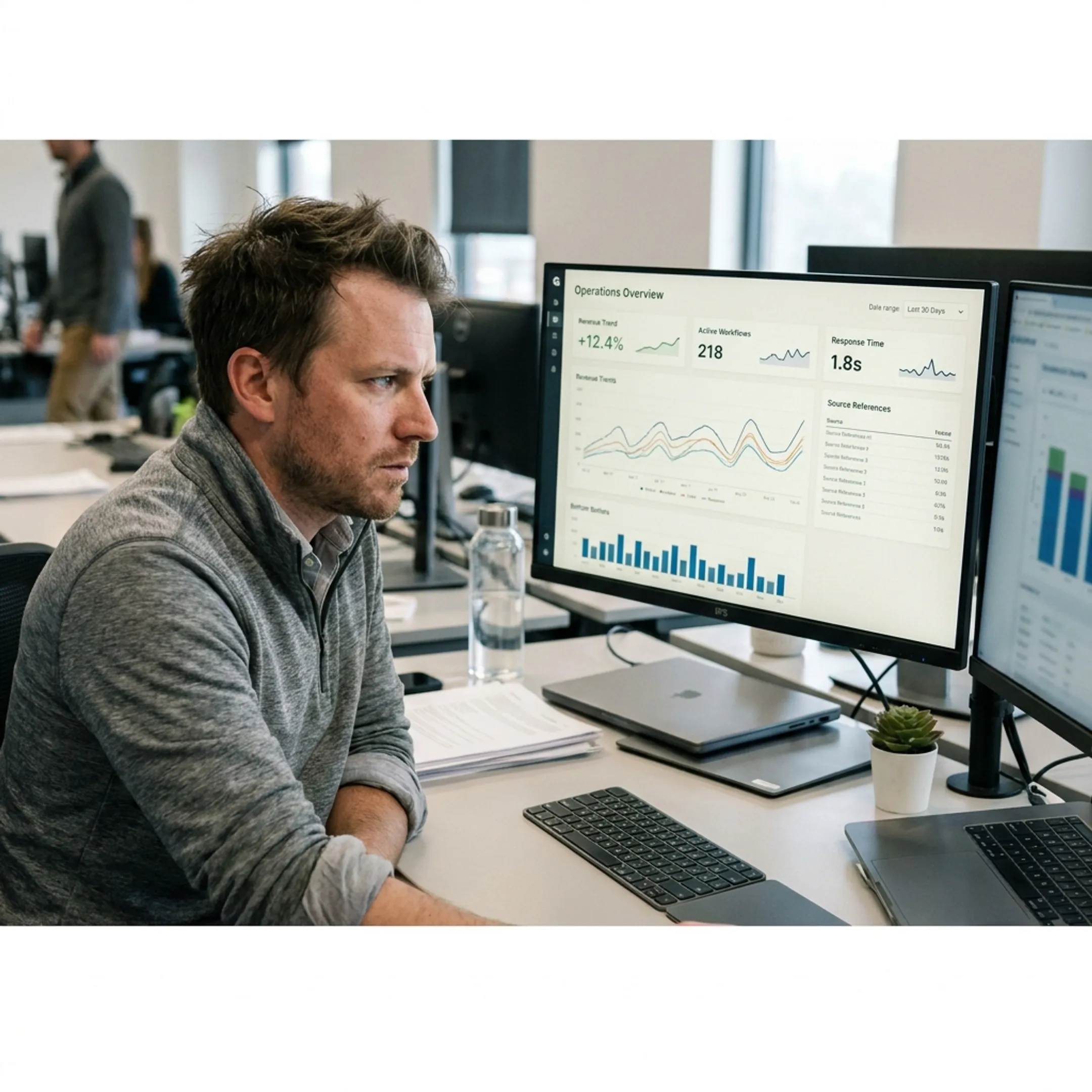 Analyst examining trusted business intelligence dashboards and data trends