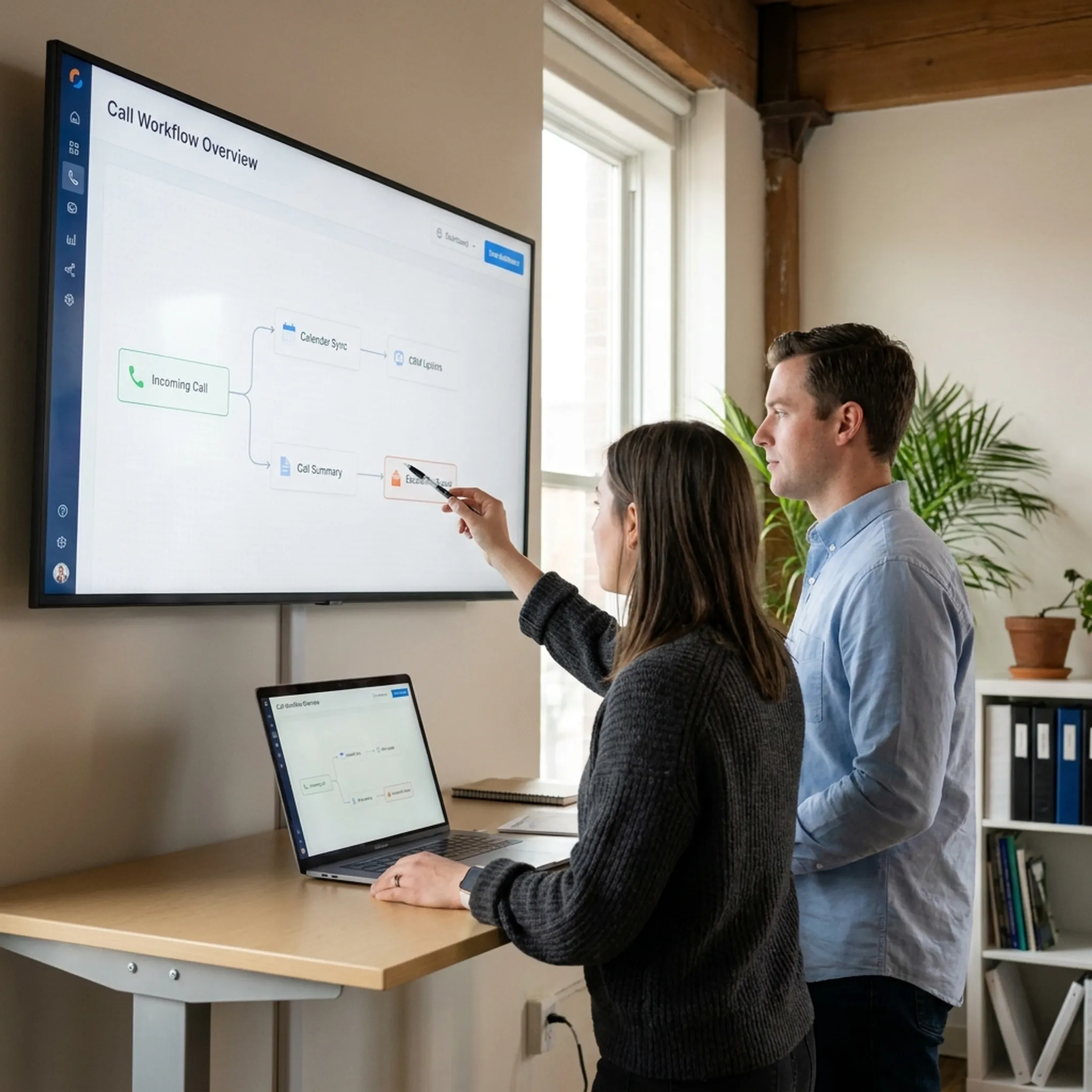 AI voice agent workflow connecting a phone call with a calendar and CRM