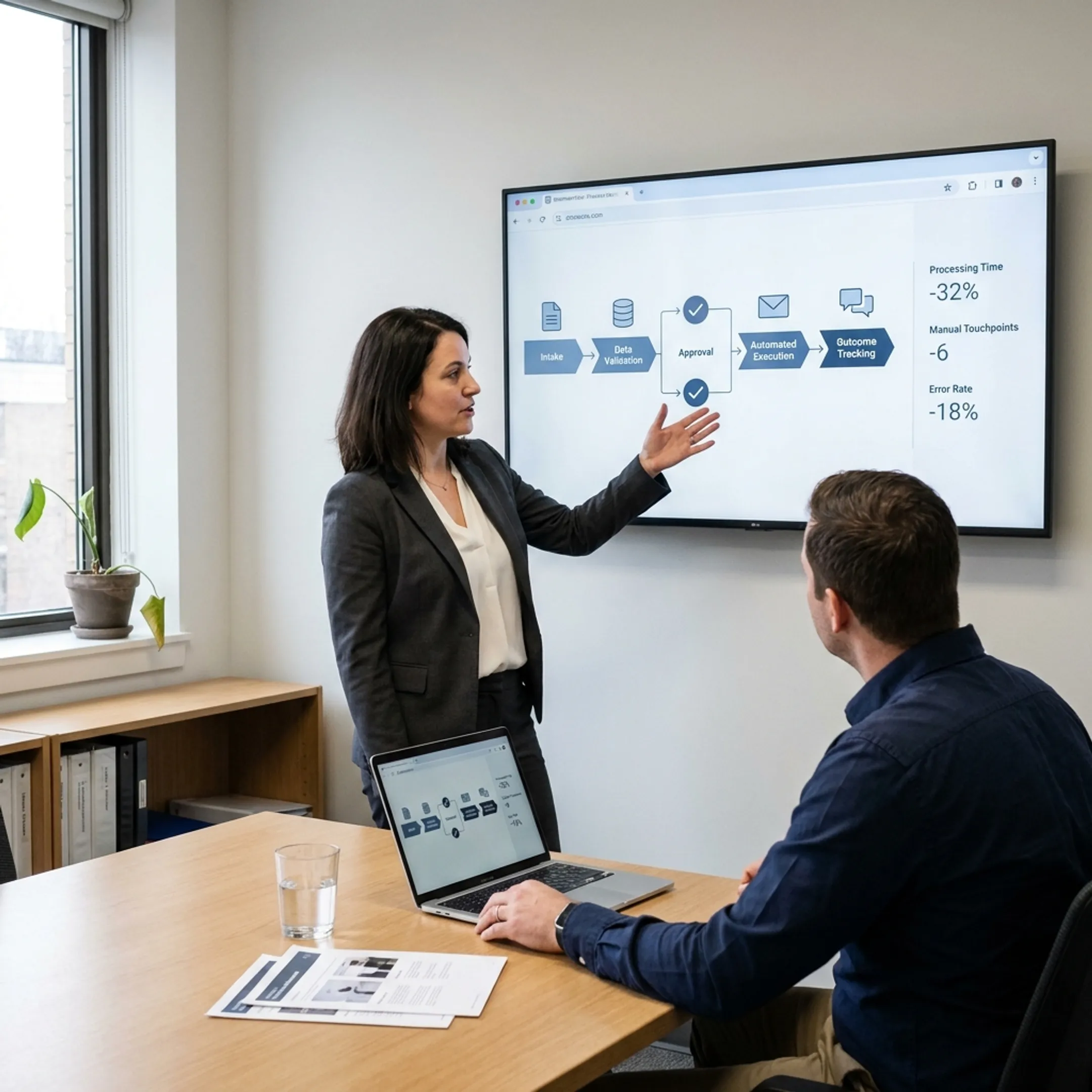 Automation consultant discussing a process map and business systems with a client