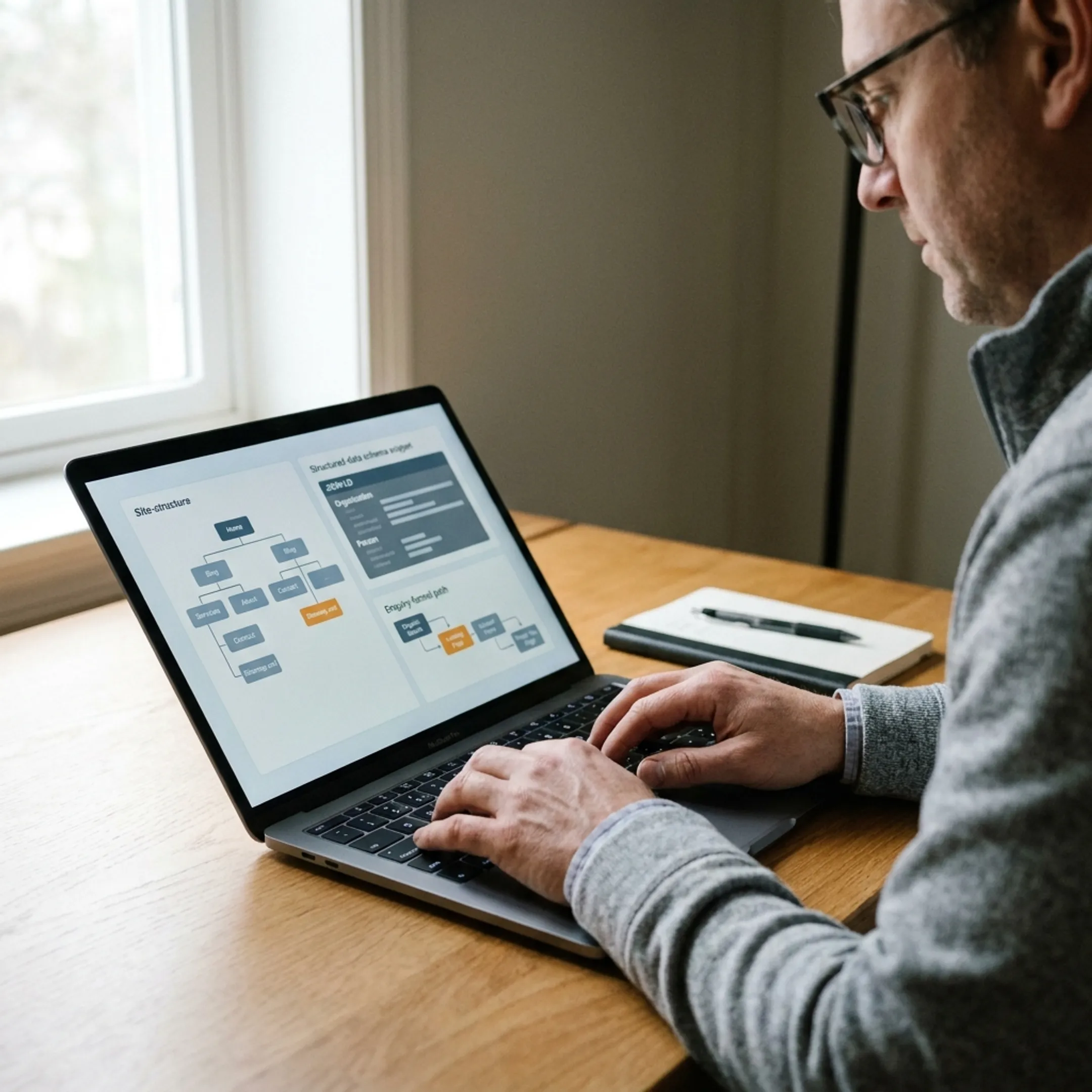 SEO consultant reviewing optimized service content and technical website details