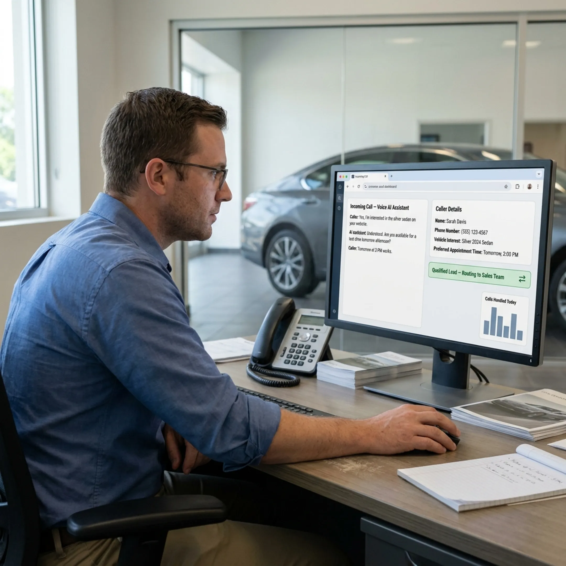 AI voice workflow capturing a dealership customer enquiry and routing it to a sales team member