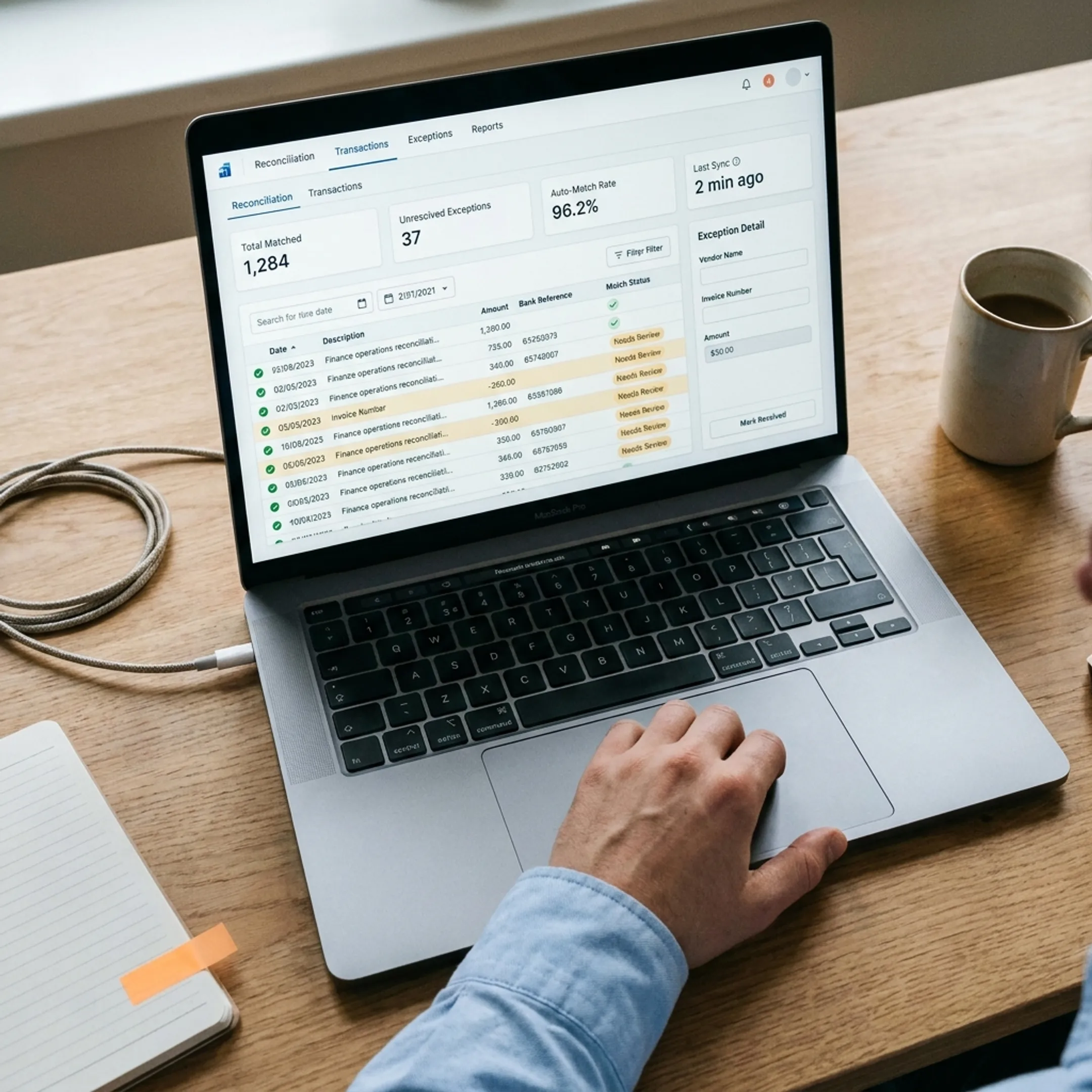 Automated reconciliation dashboard showing matched transactions and exceptions