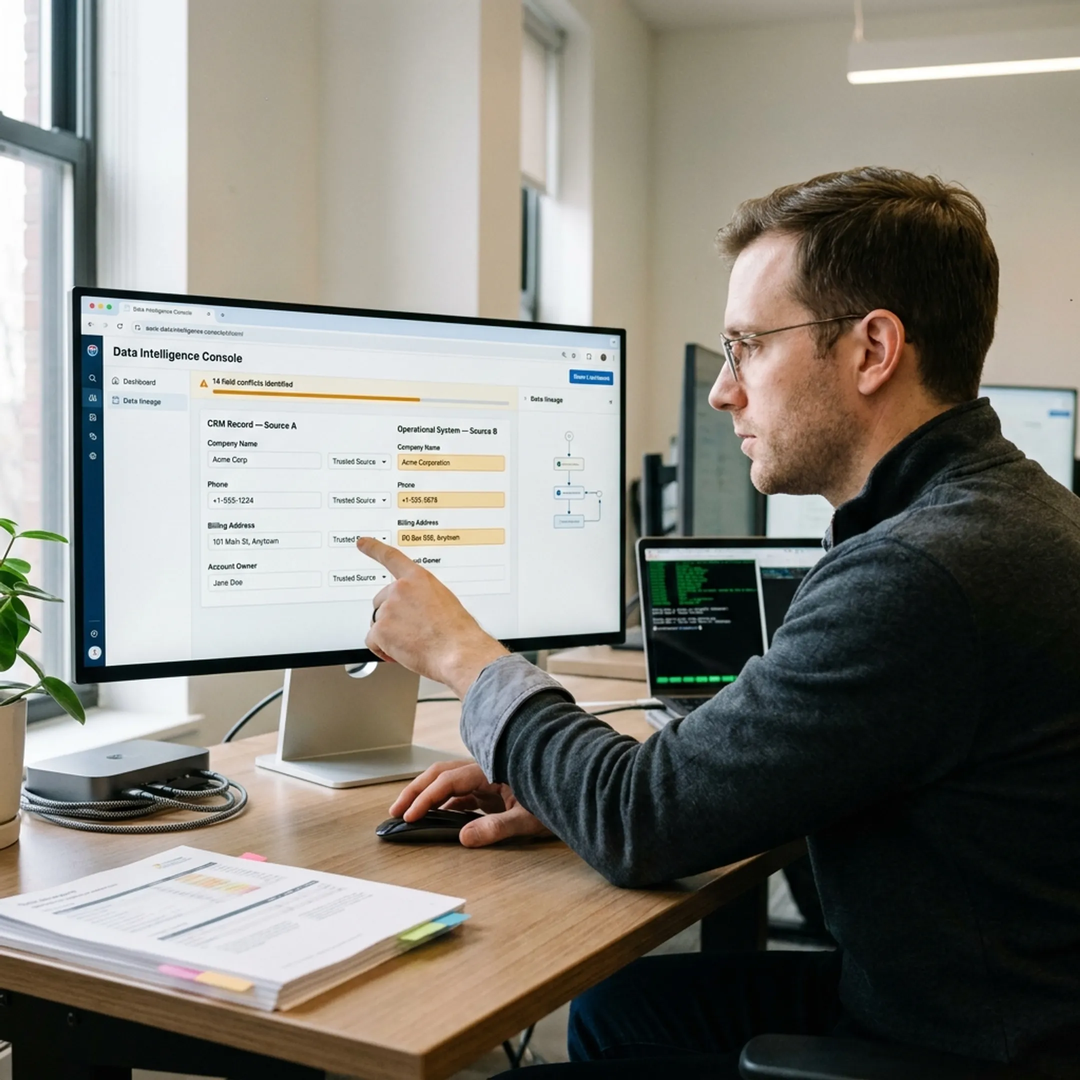Data consultant mapping conflicting business records and trusted source definitions