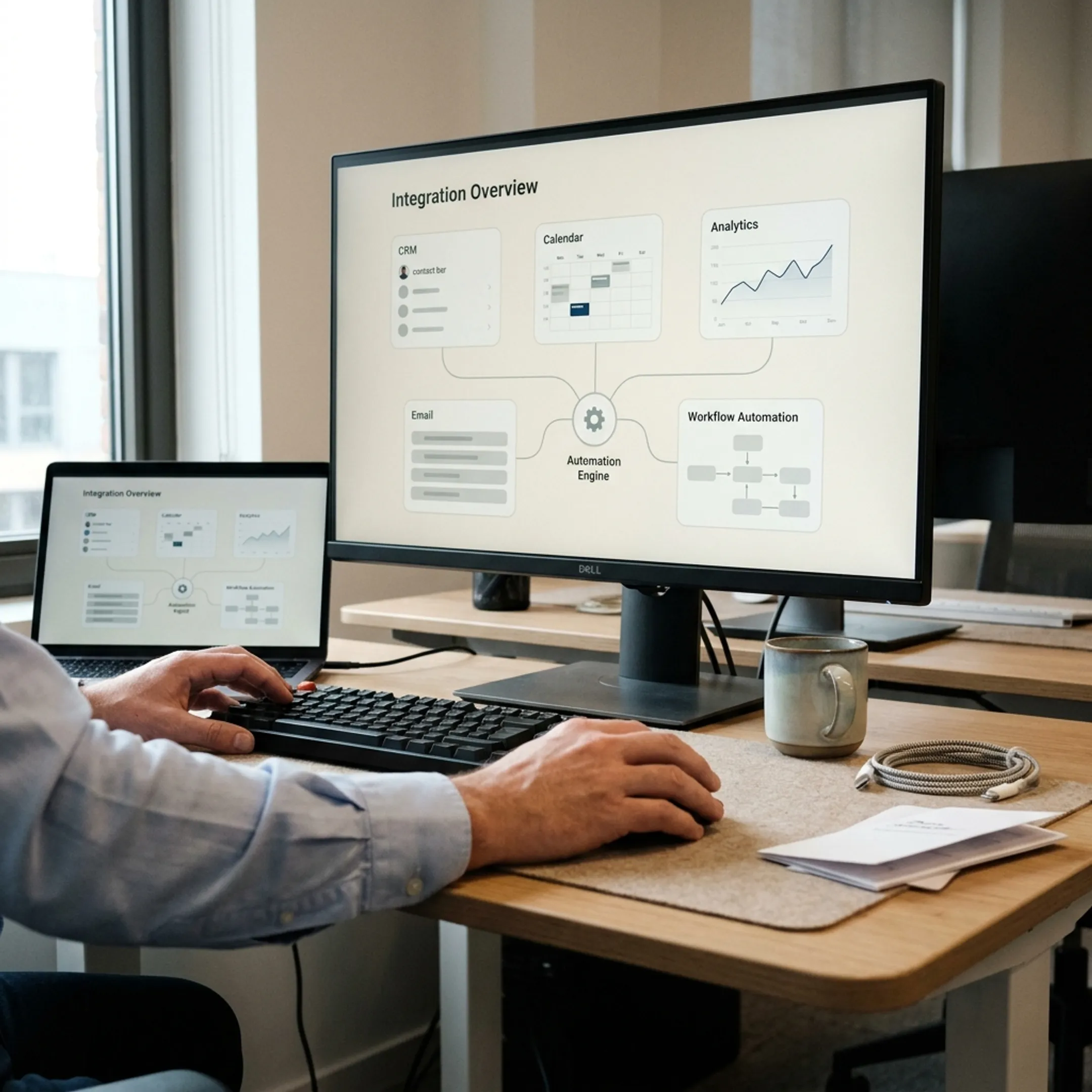 Connected business applications displayed across multiple screens