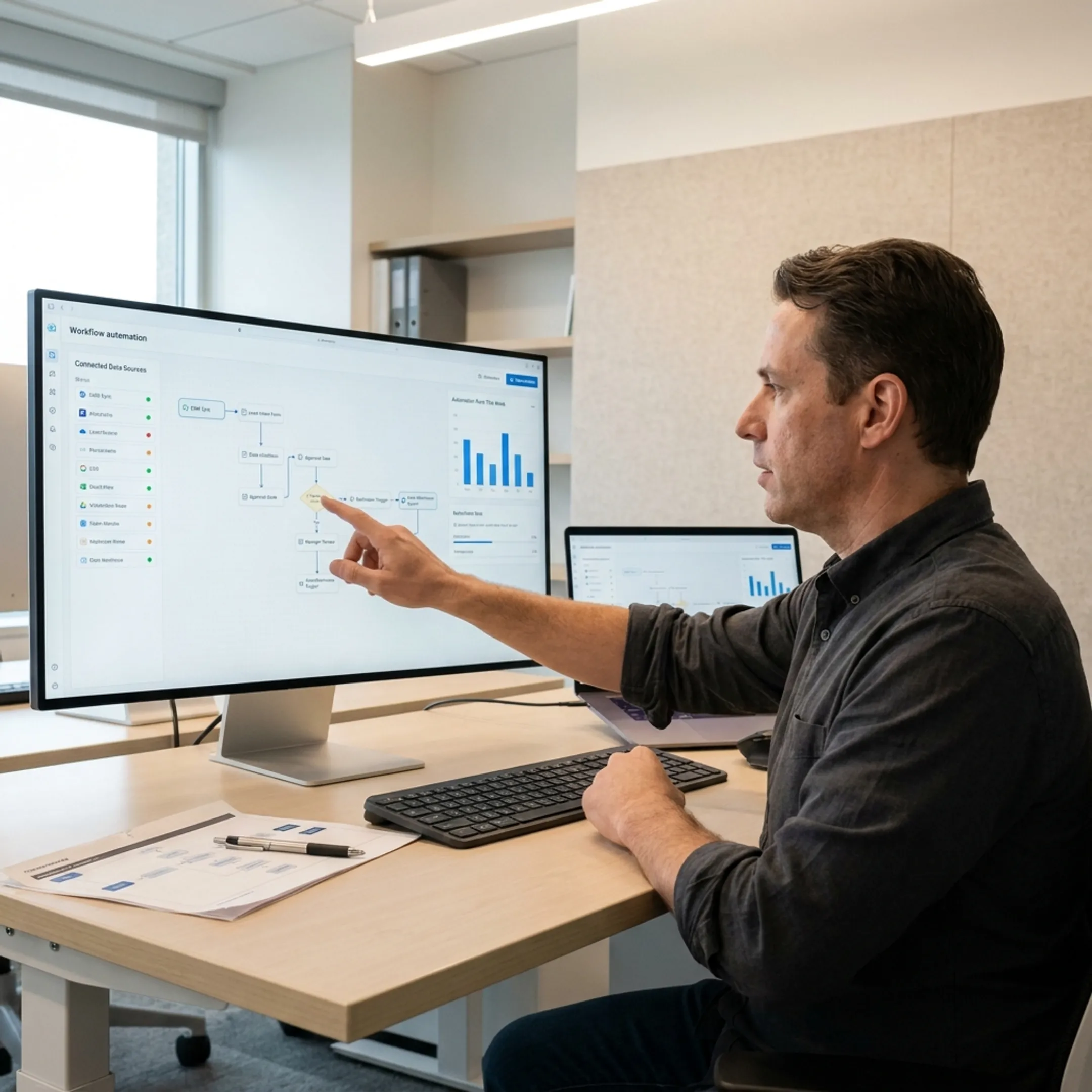 Consultant planning an AI workflow with process maps and connected software systems