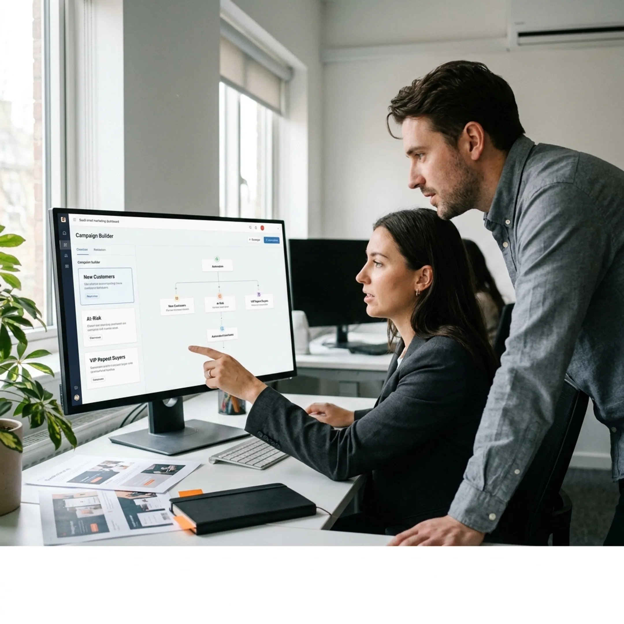 Marketing team planning segmented email campaigns and automated customer journeys