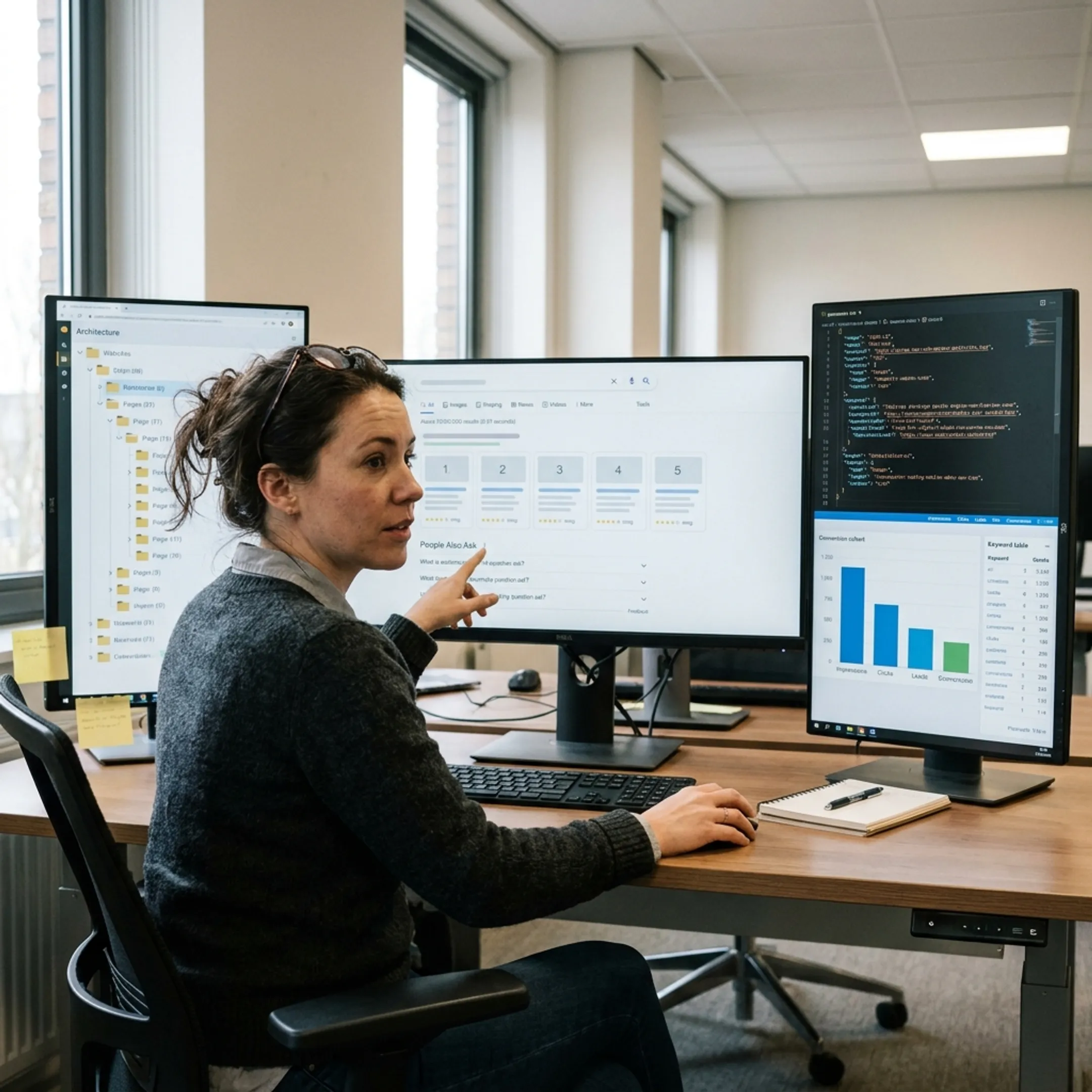 SEO specialist analyzing website structure, search results, and content opportunities