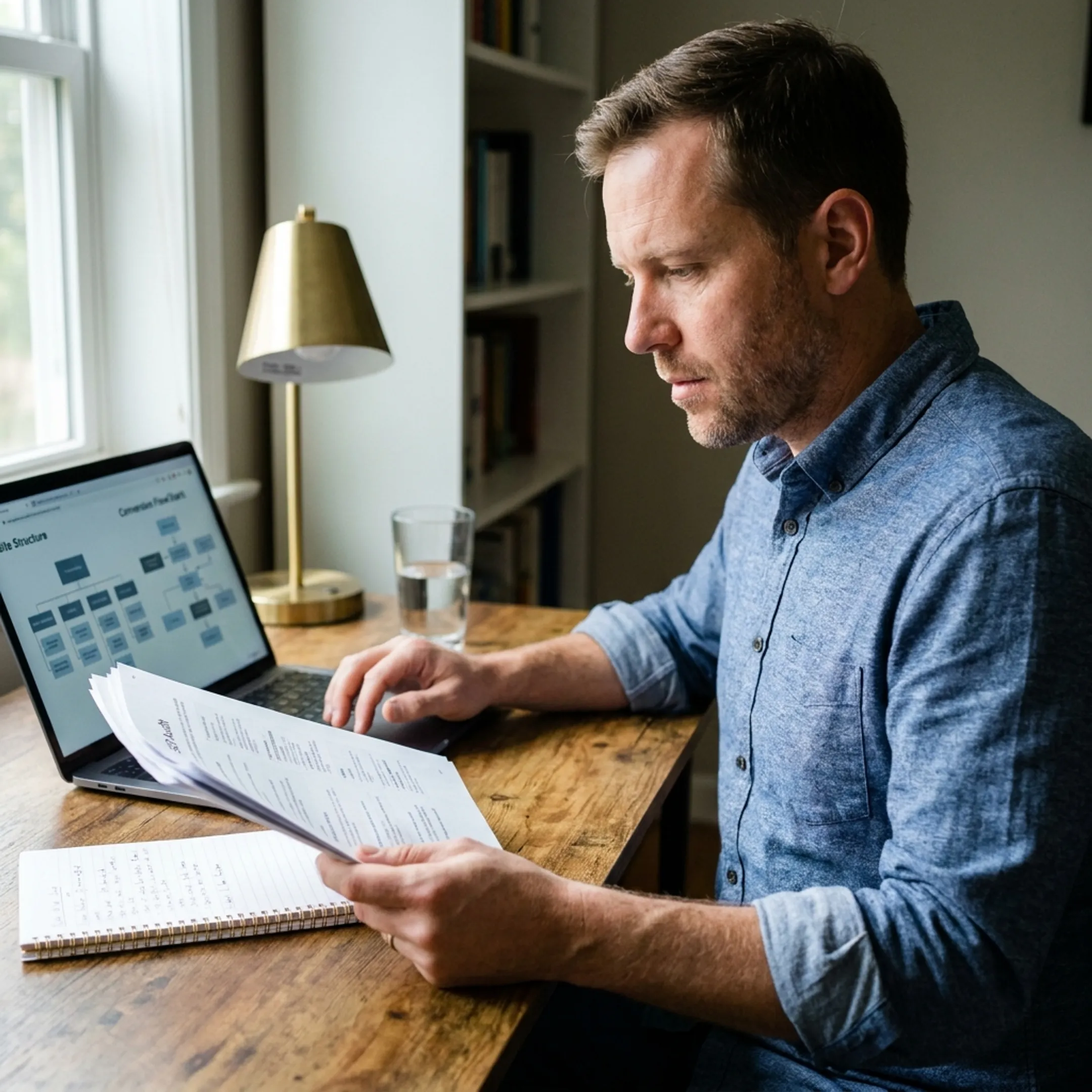 Consultant analyzing technical SEO findings and service content for a Chicago company