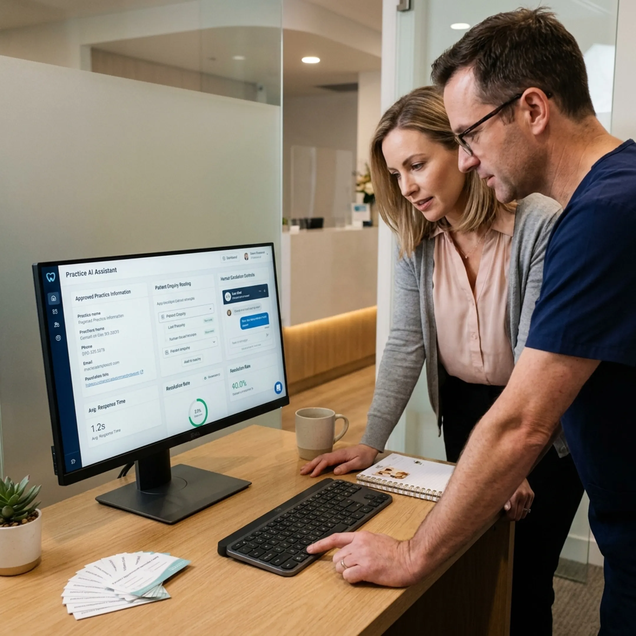 Dental team reviewing a grounded AI chatbot workflow