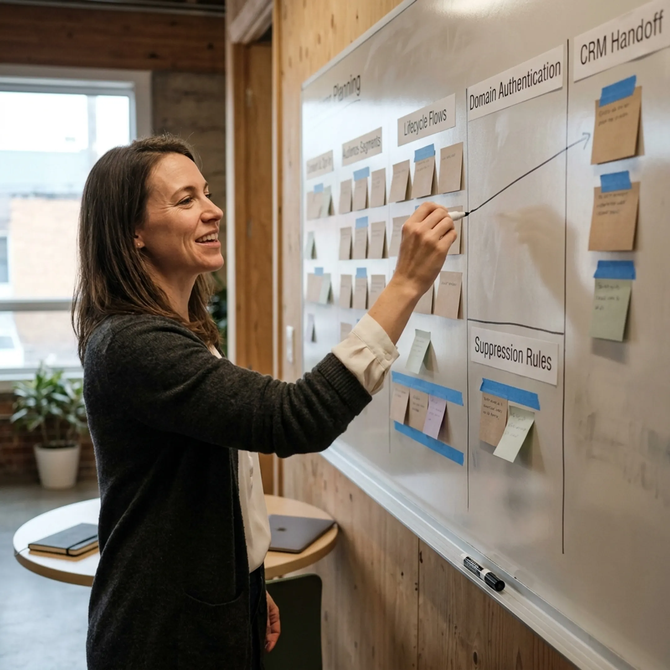 Email strategist mapping outreach sequences and deliverability controls on a planning board
