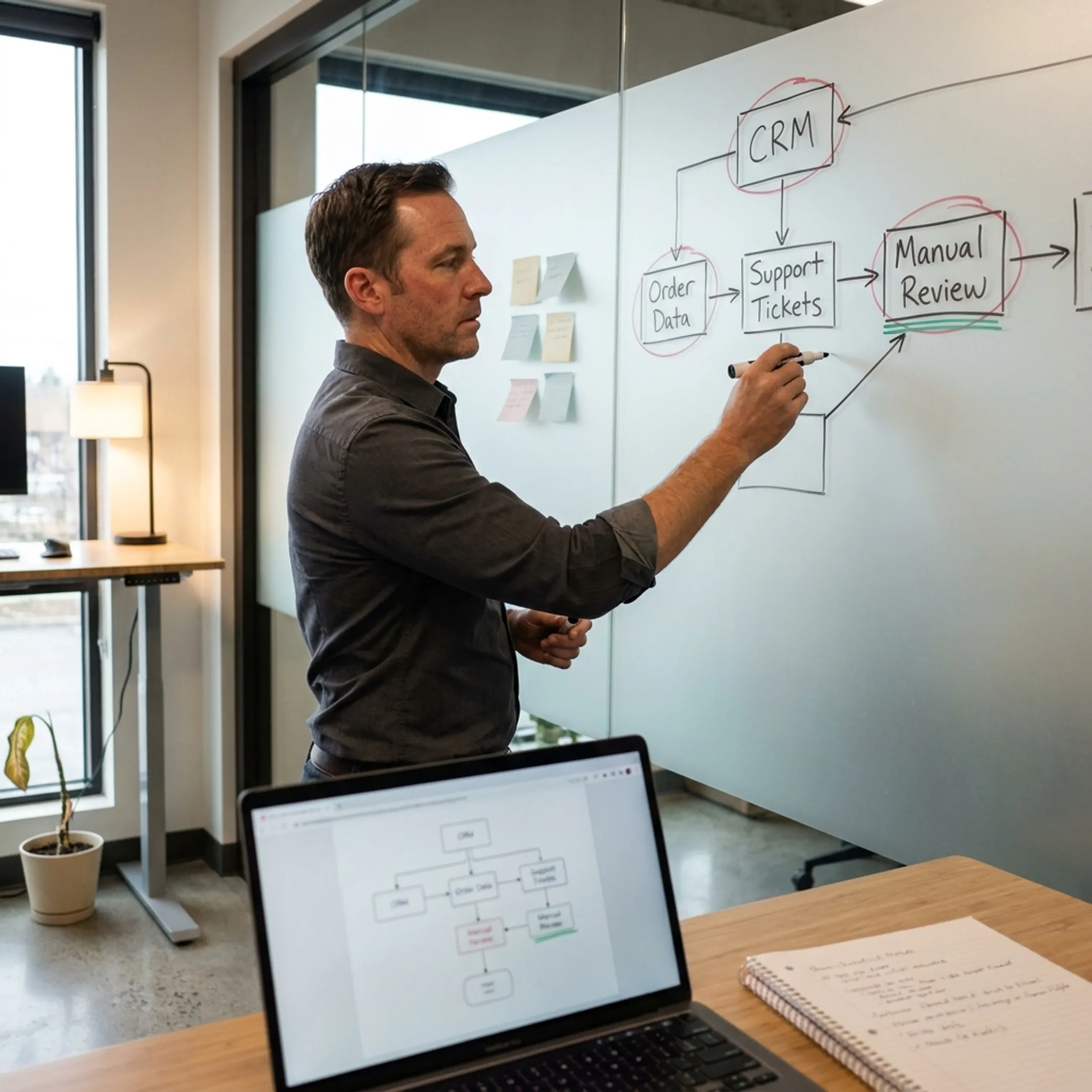 Consultant mapping business processes and AI implementation opportunities on a whiteboard