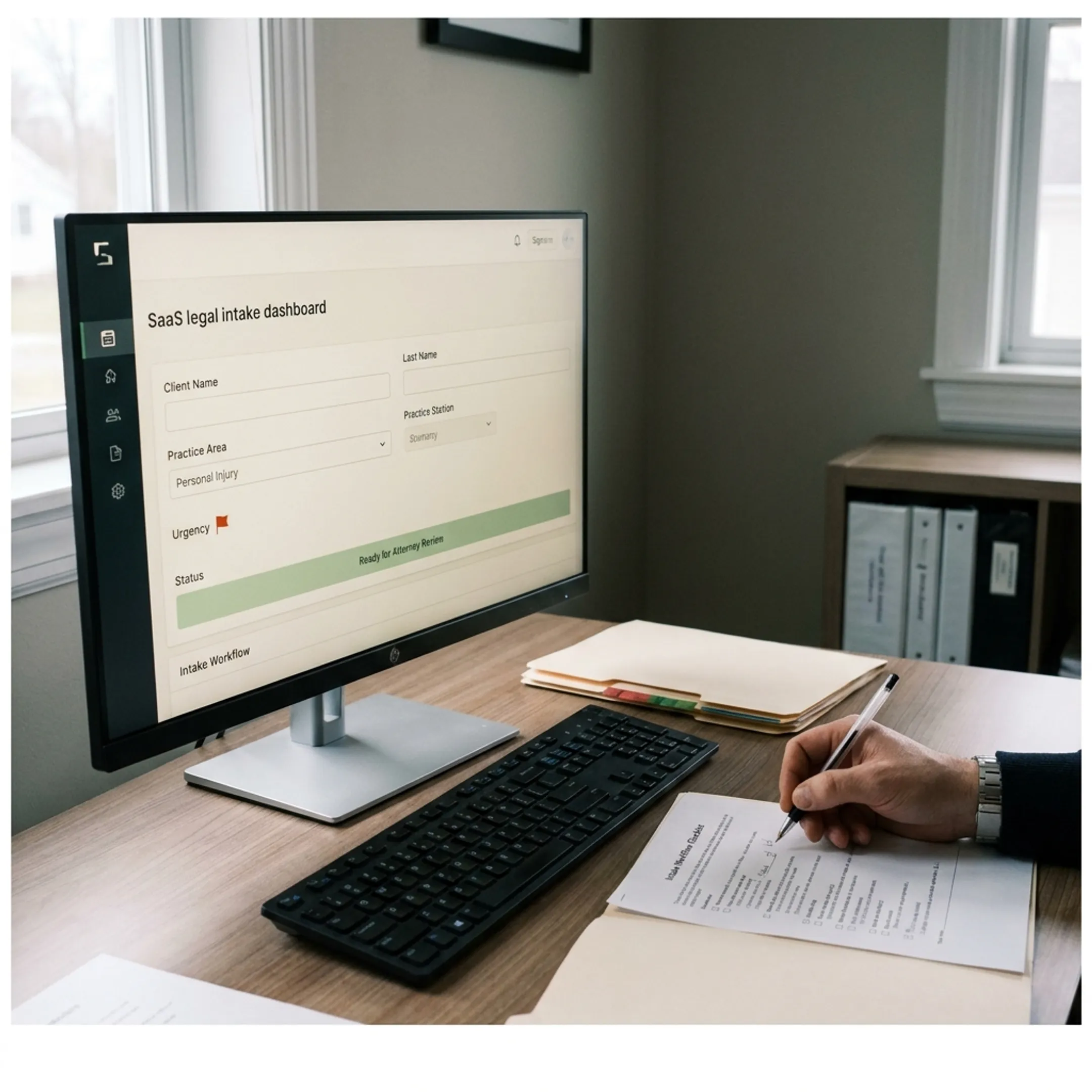 Legal intake workflow displayed on a computer beside client enquiry notes