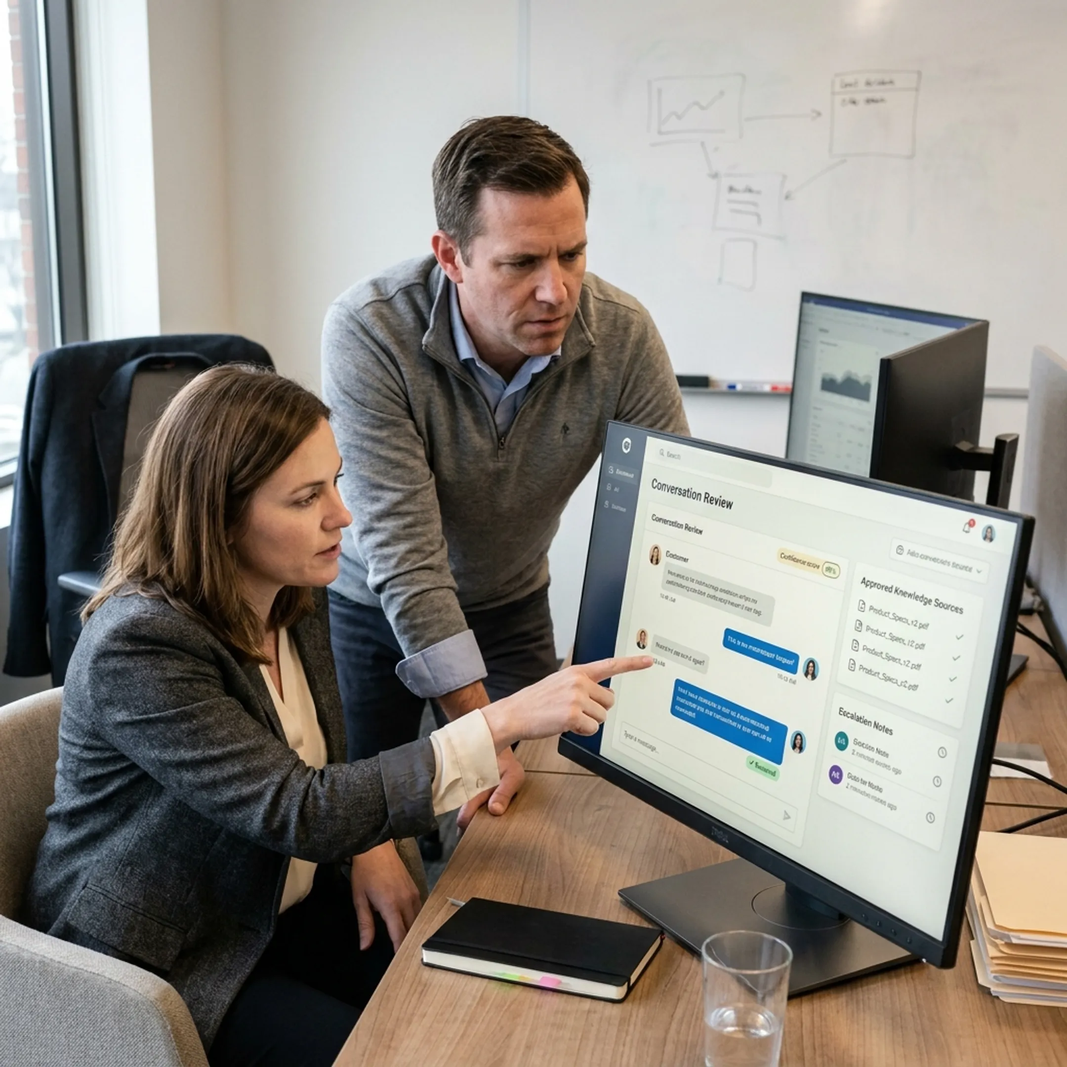 Business team reviewing a grounded AI chatbot conversation and supporting source material