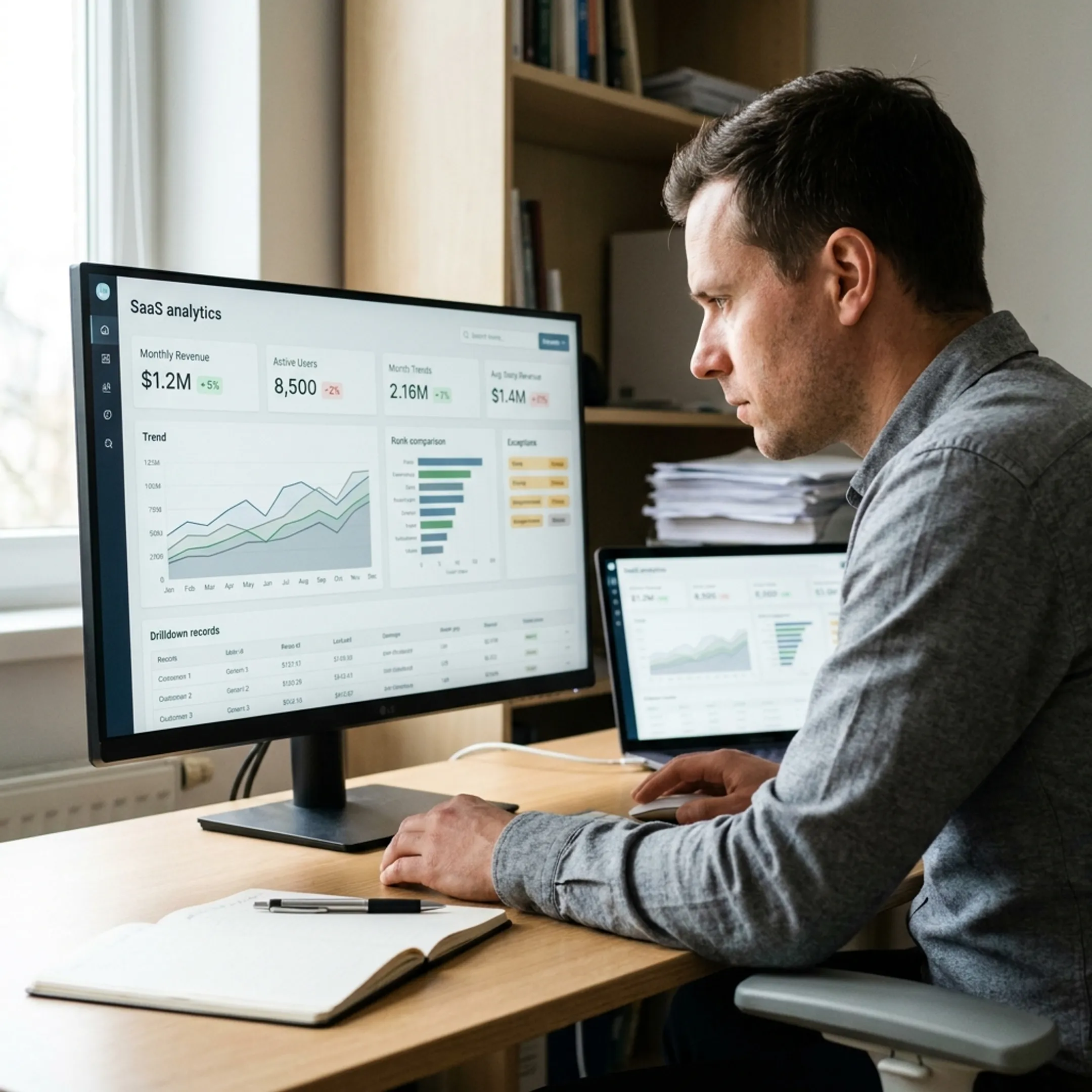 Custom business analytics dashboard showing KPIs, trends, and supporting records