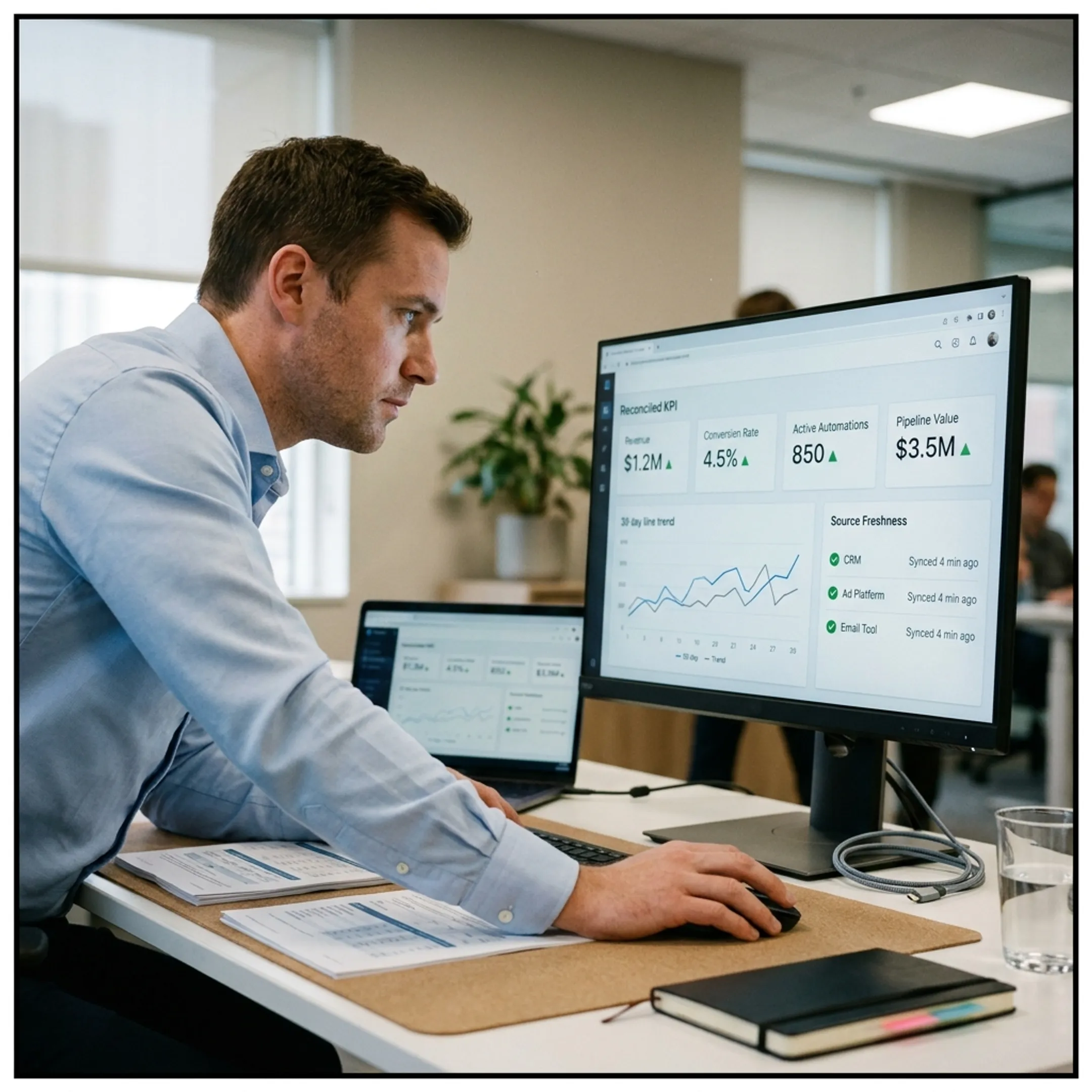 Business intelligence dashboard showing reconciled KPIs and operational trends