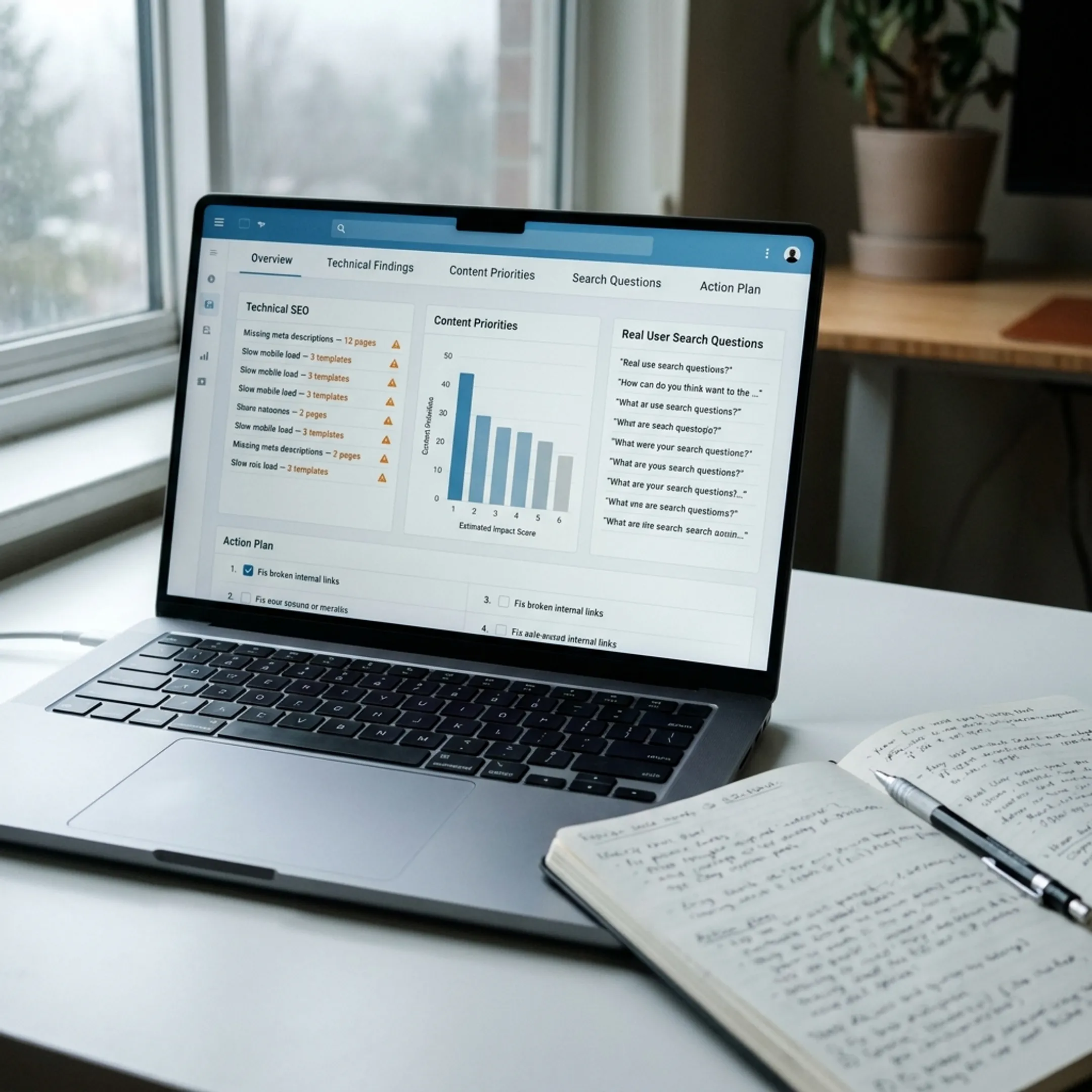 SEO visibility assessment displayed on a laptop beside planning notes