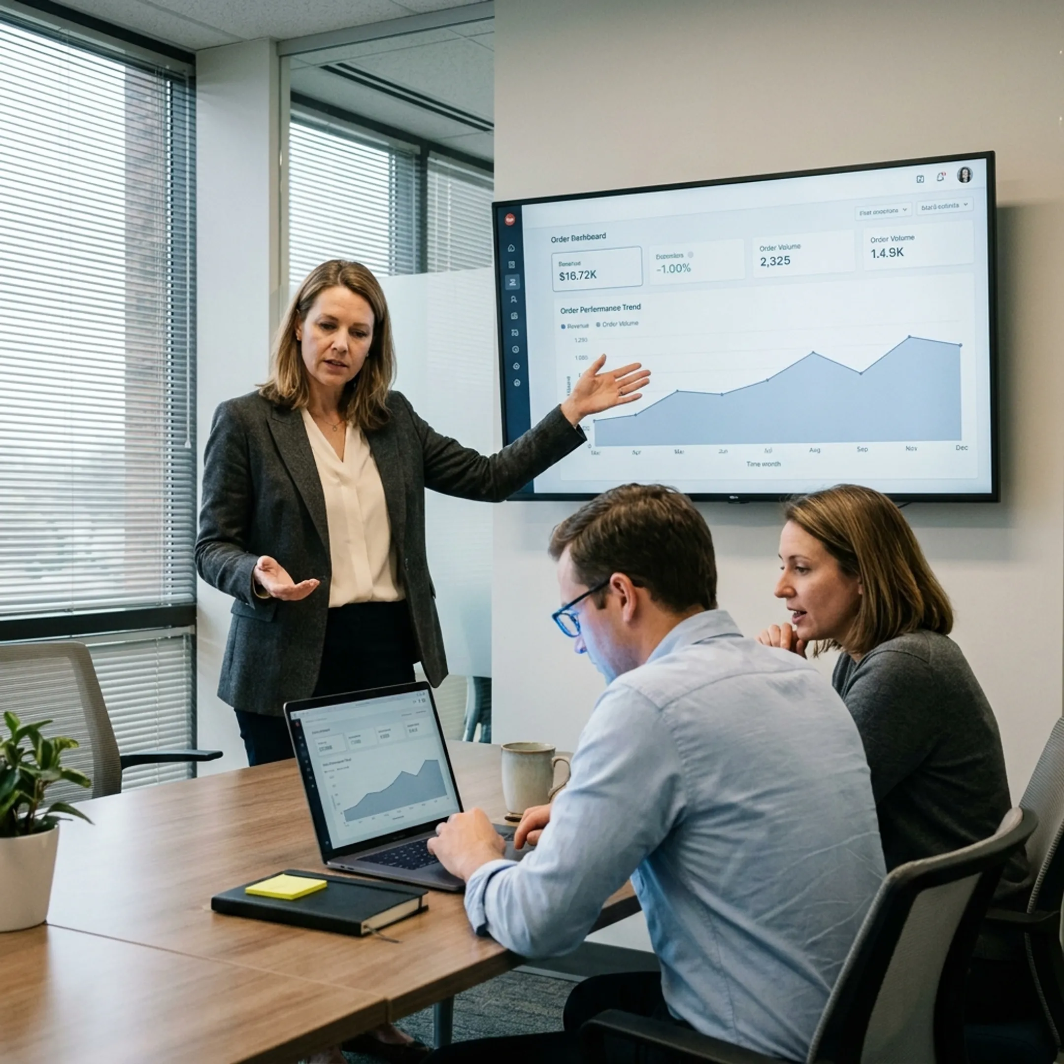 Consultant reviewing ecommerce analytics with business team
