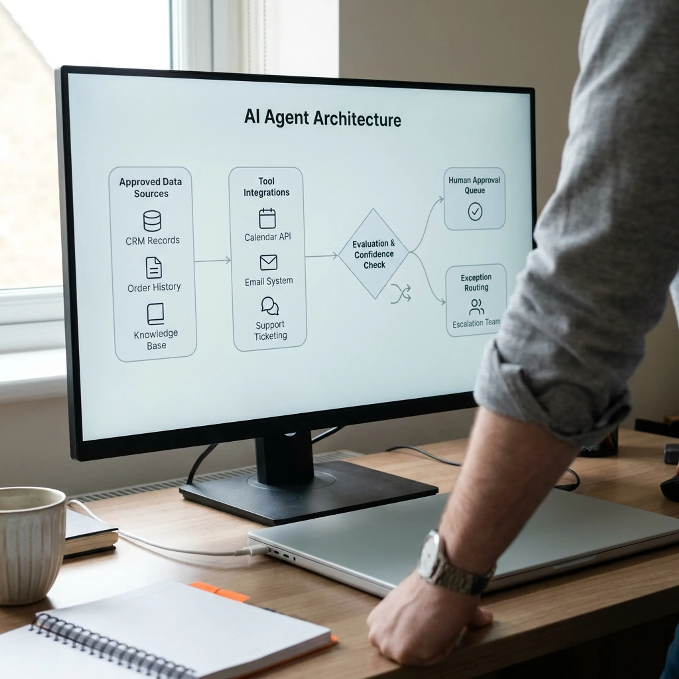 AI agent architecture connecting business data, tools, and human approvals