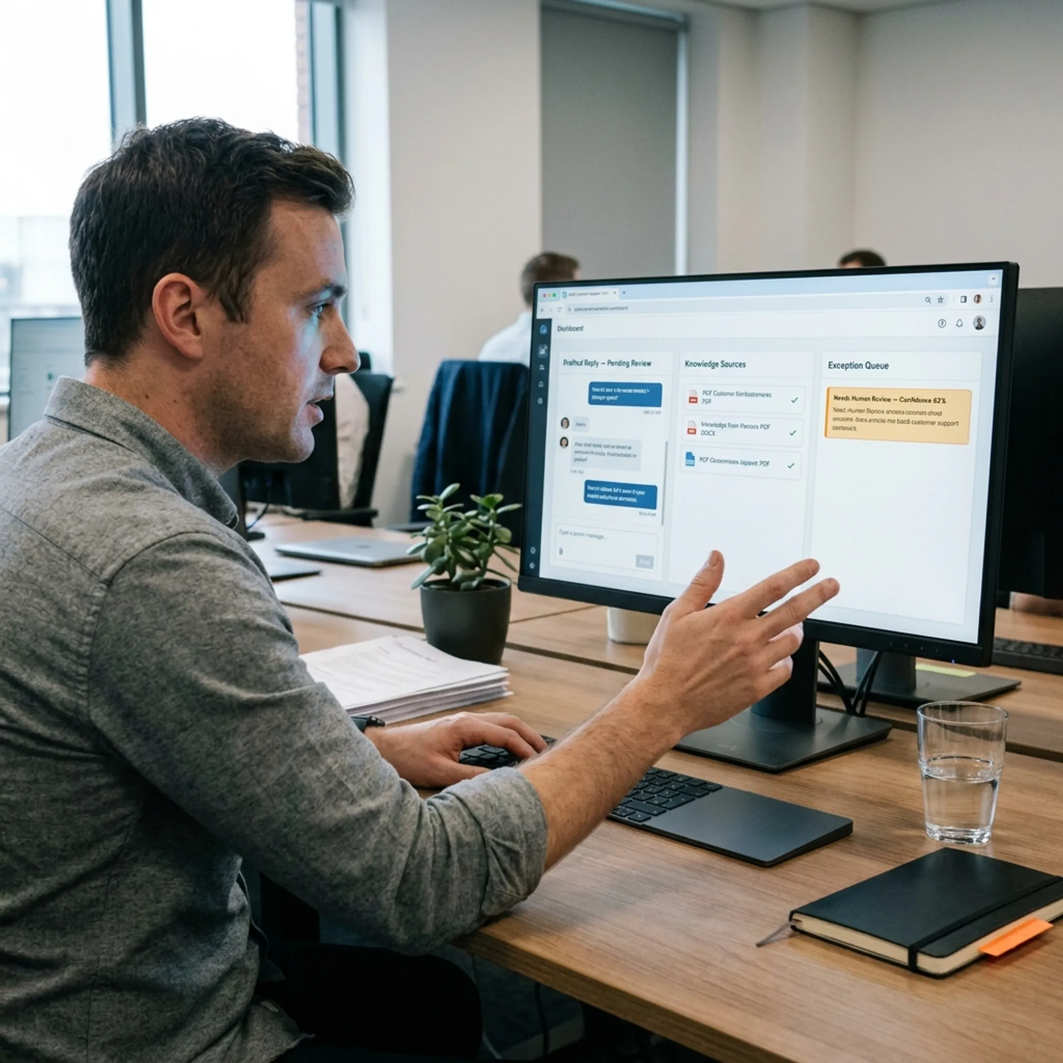 Cloud AI chatbot connecting approved documents with a human-reviewed business workflow