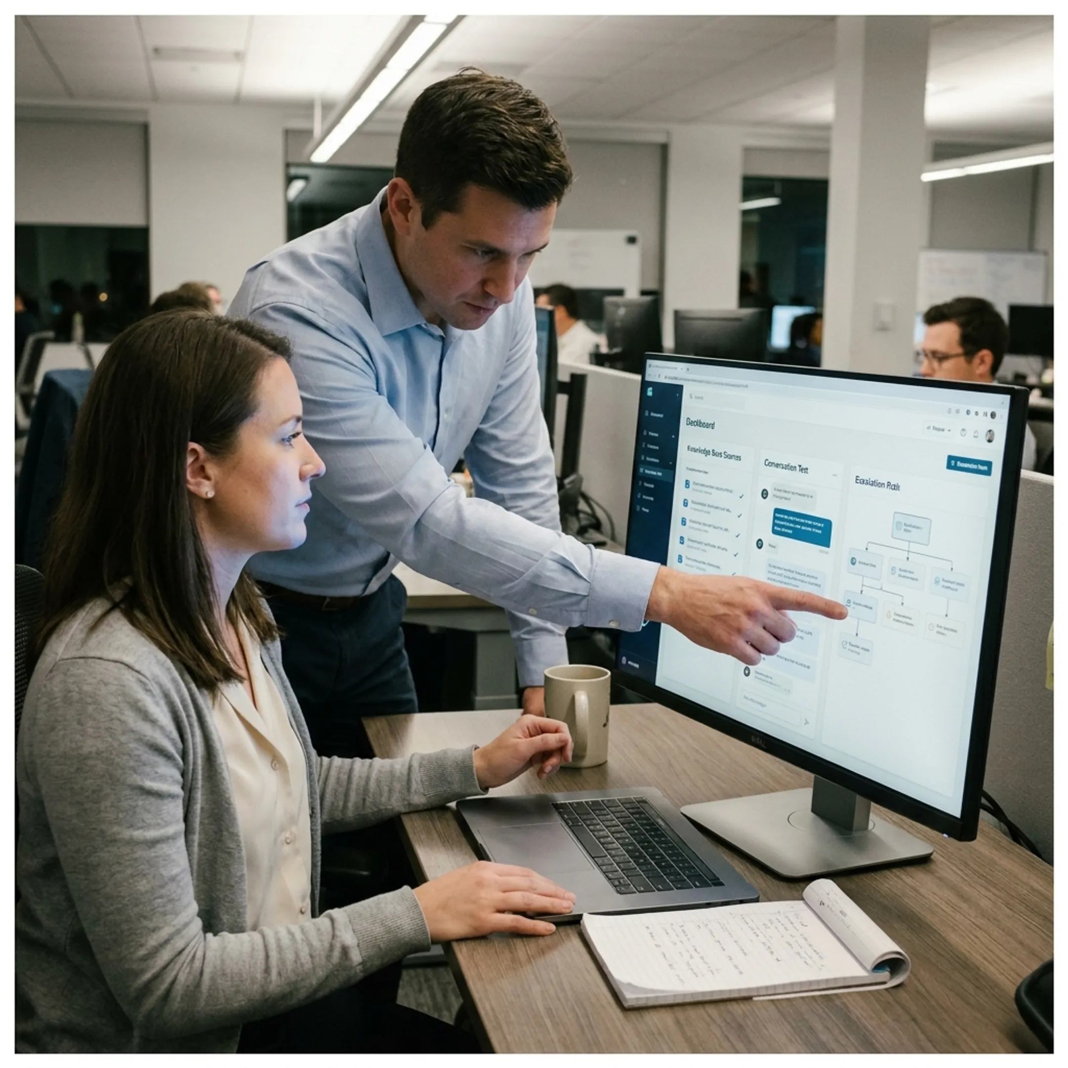 Business team reviewing a grounded AI chatbot knowledge workflow
