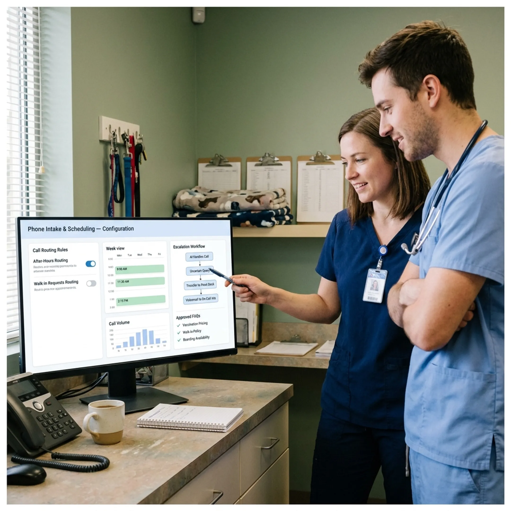 Veterinary team reviewing an AI receptionist call workflow