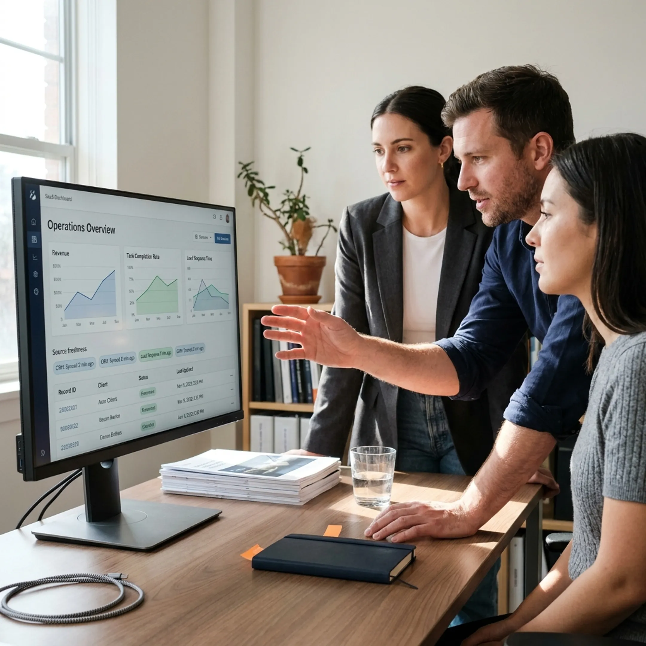 Team reviewing connected business reports and KPI trends