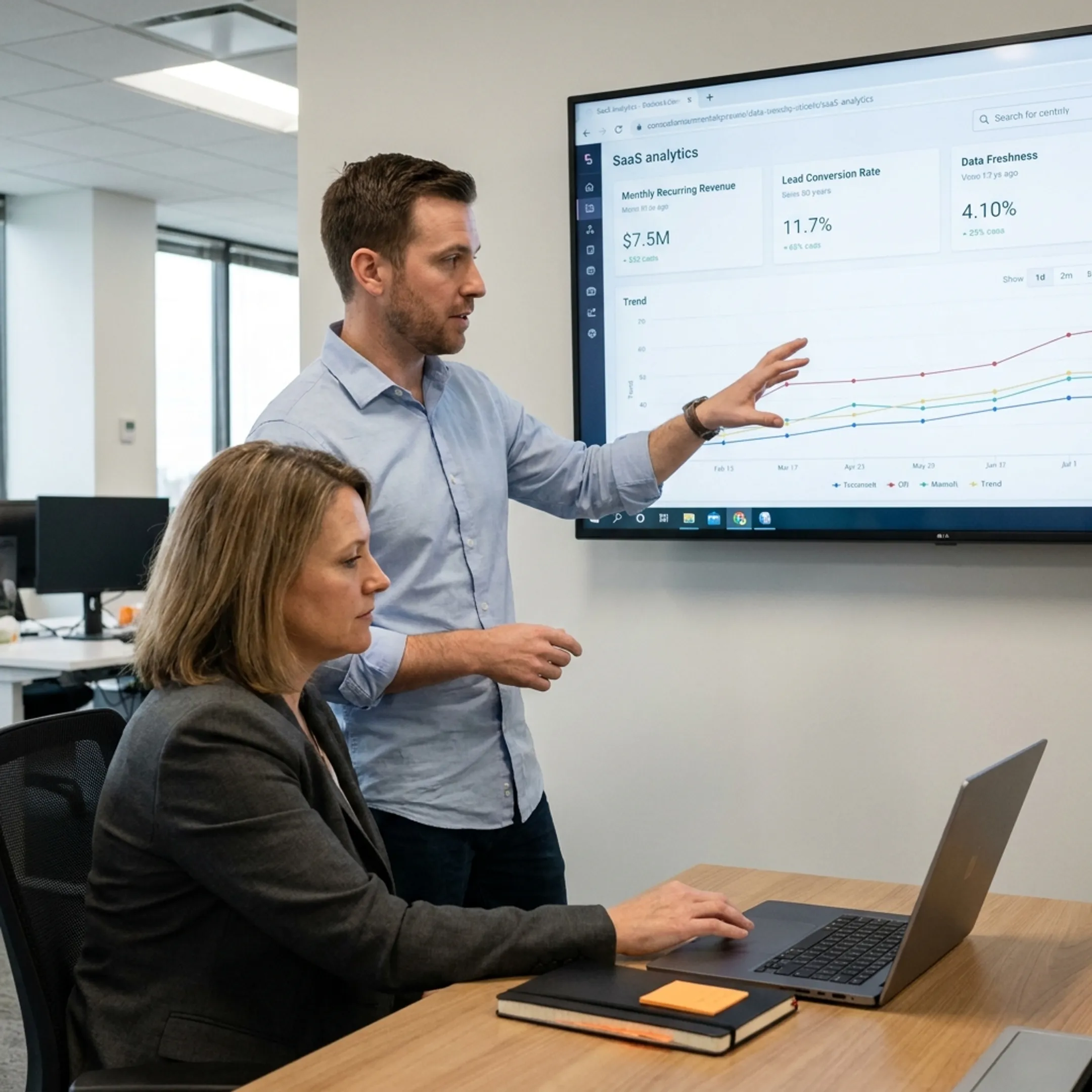 Consultant explaining connected business data insights on a dashboard