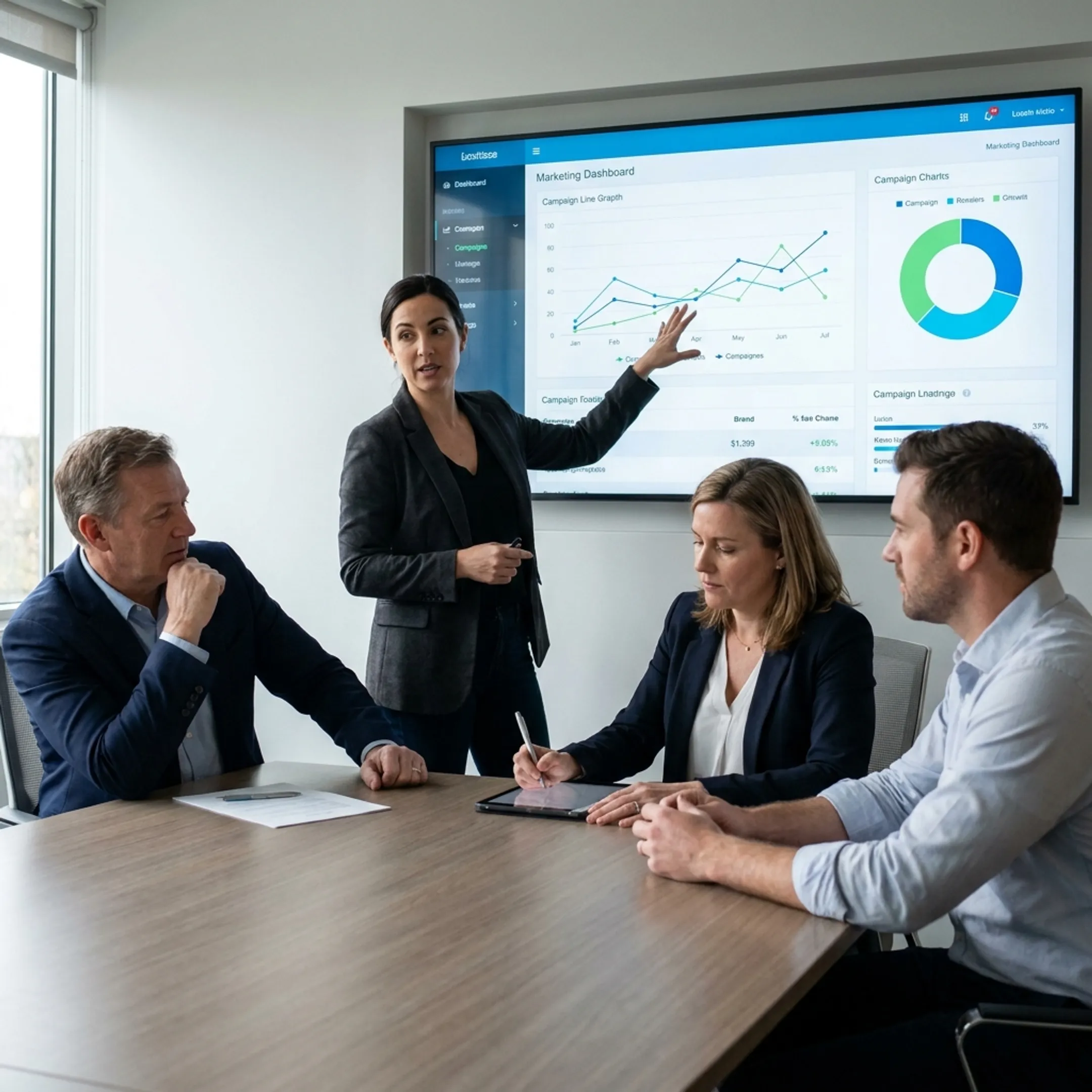 Marketing consultant presenting connected performance insights to business leaders