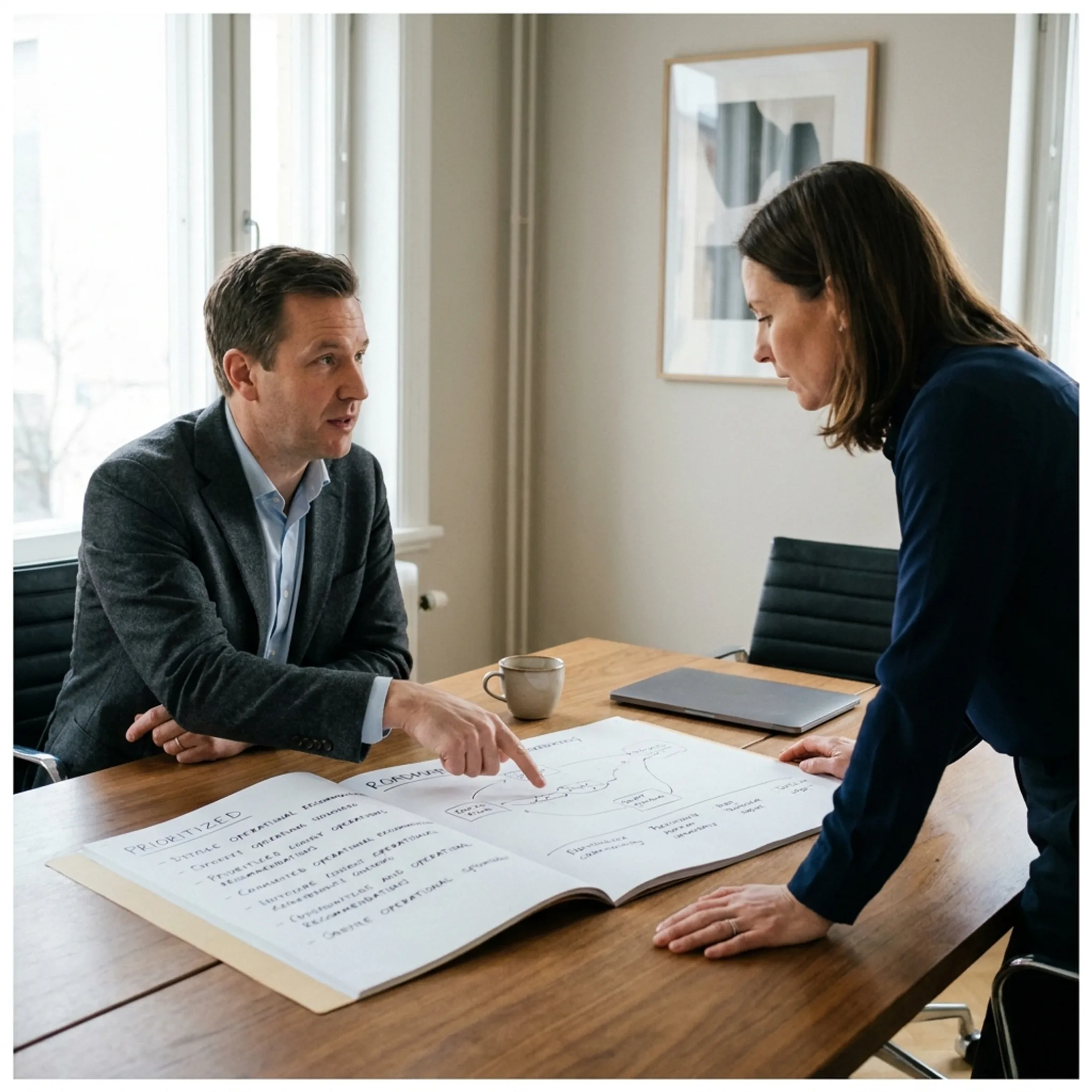 Consultant reviewing a process improvement plan with a business leader