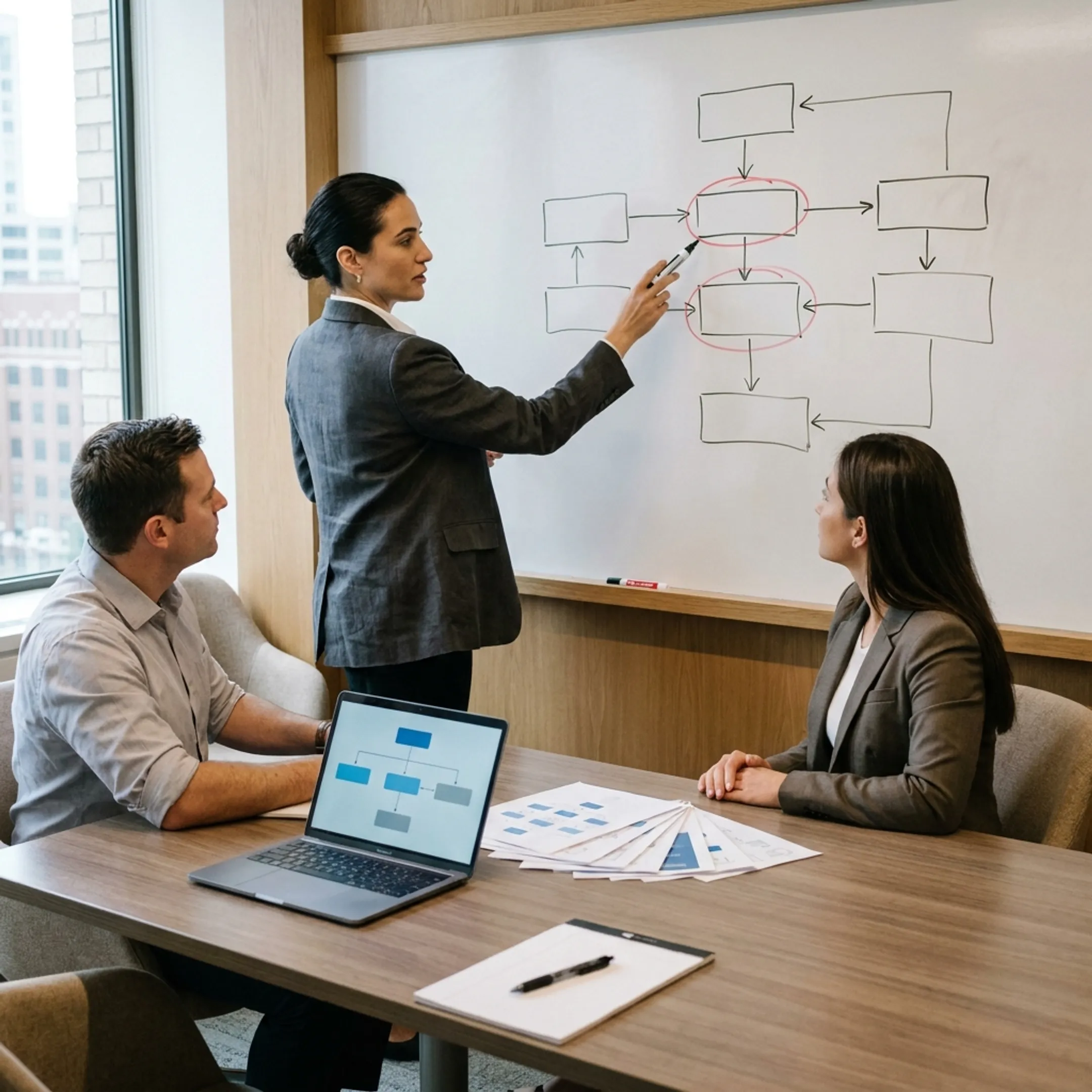 Consultant mapping business processes and AI opportunities on a whiteboard