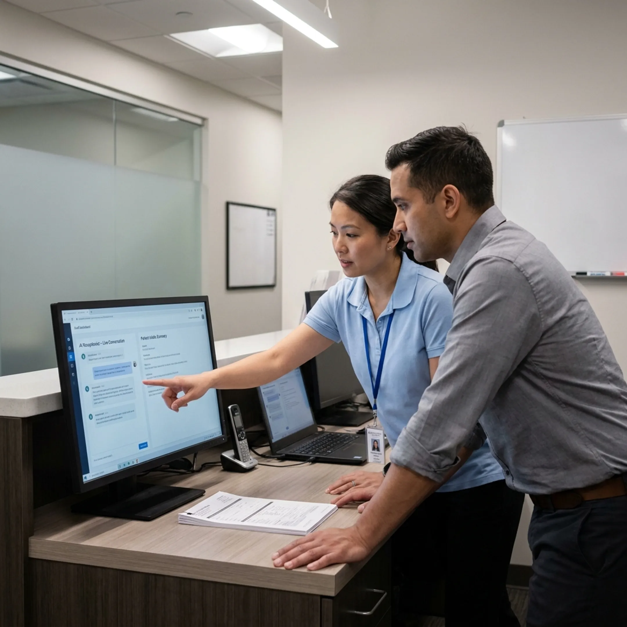 Healthcare staff reviewing an AI receptionist handoff and appointment request