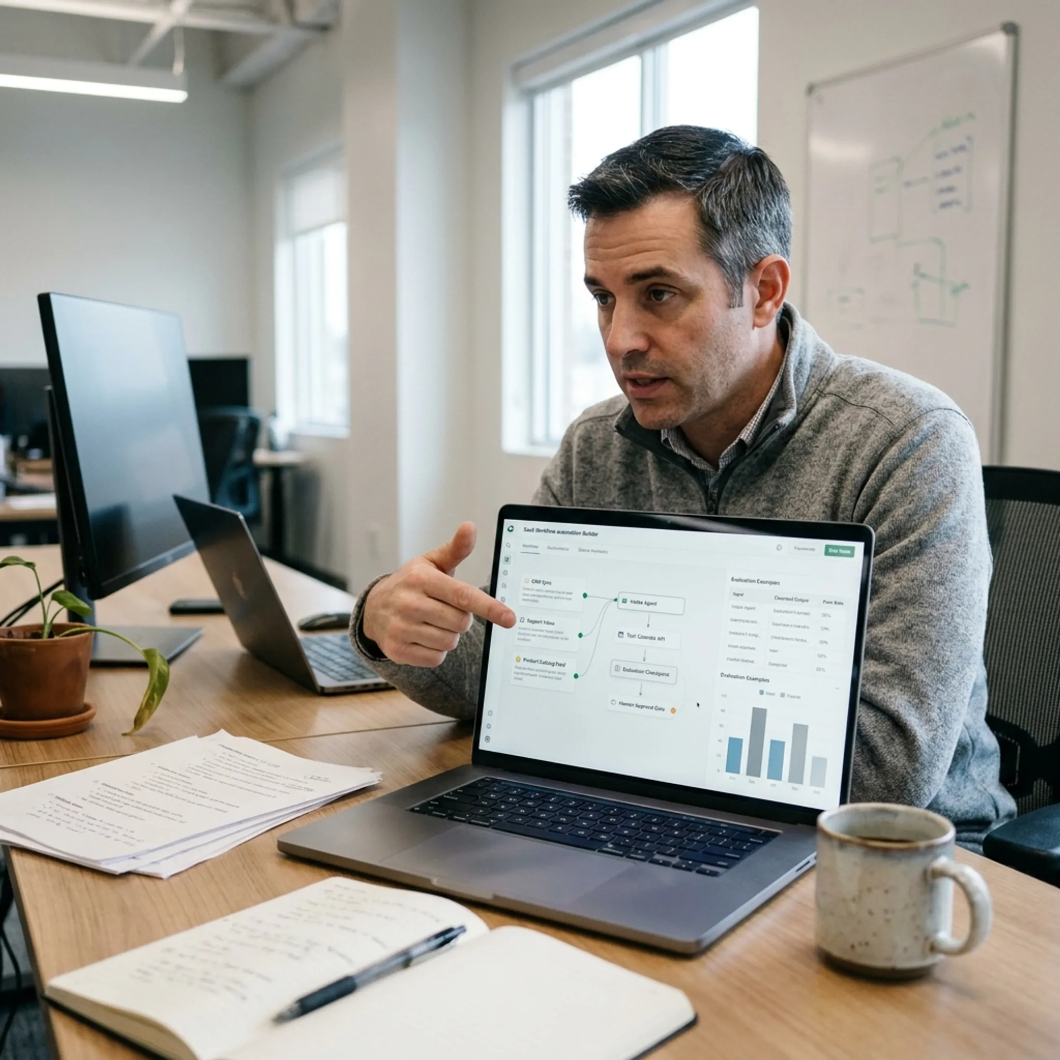 Engineer and business owner reviewing a custom AI agent workflow
