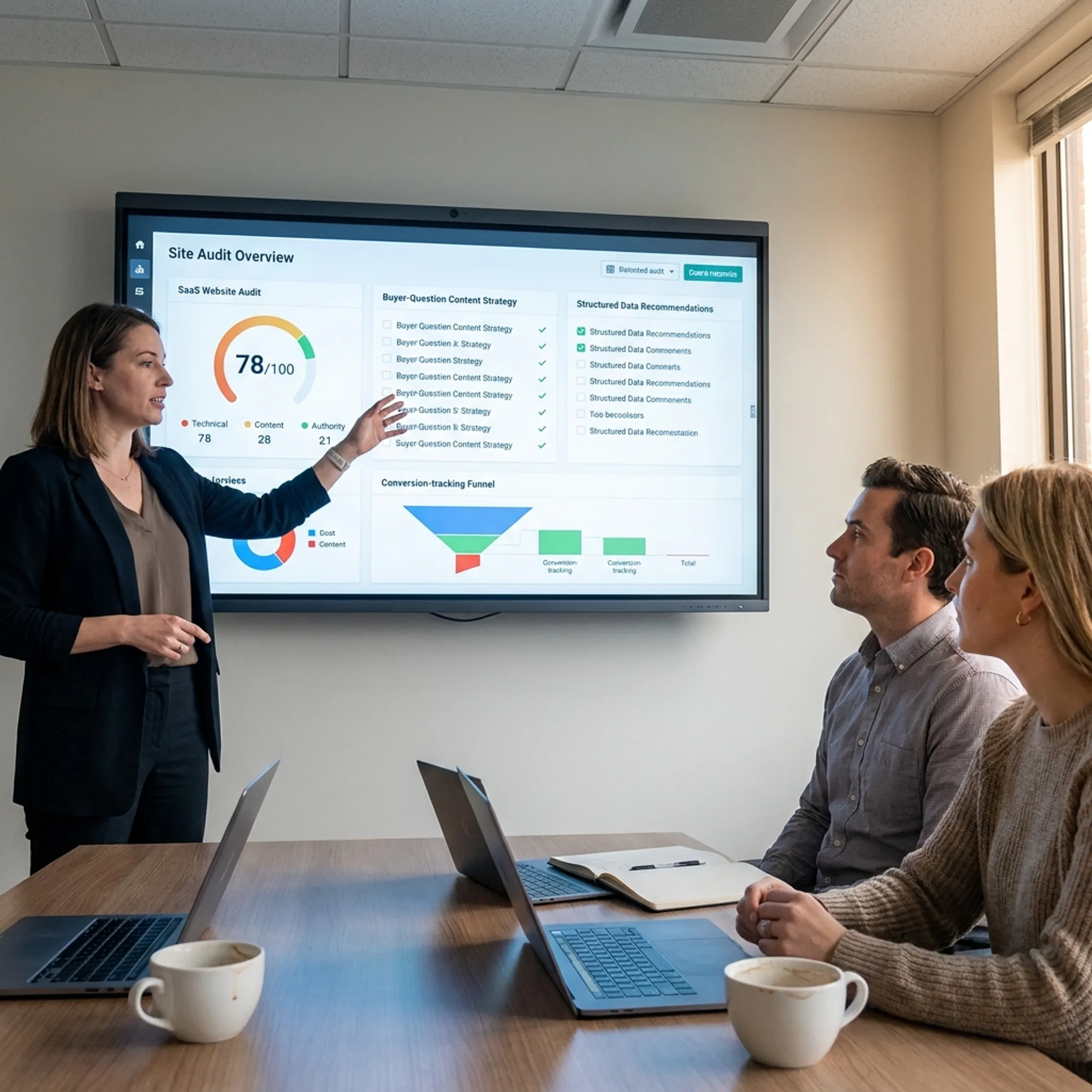 Search consultant presenting technical SEO and content recommendations