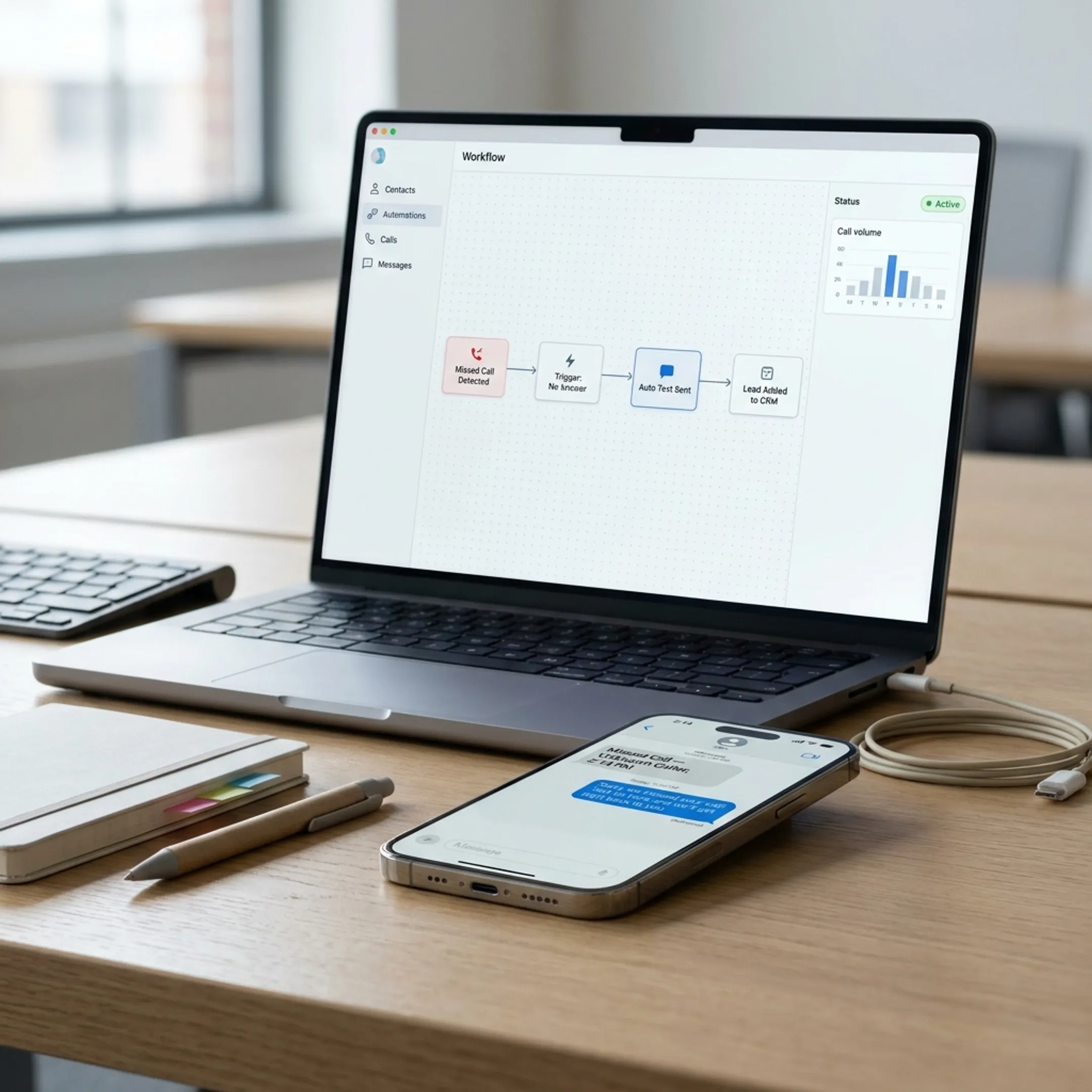 Automated text-back workflow connecting a missed call with CRM follow-up