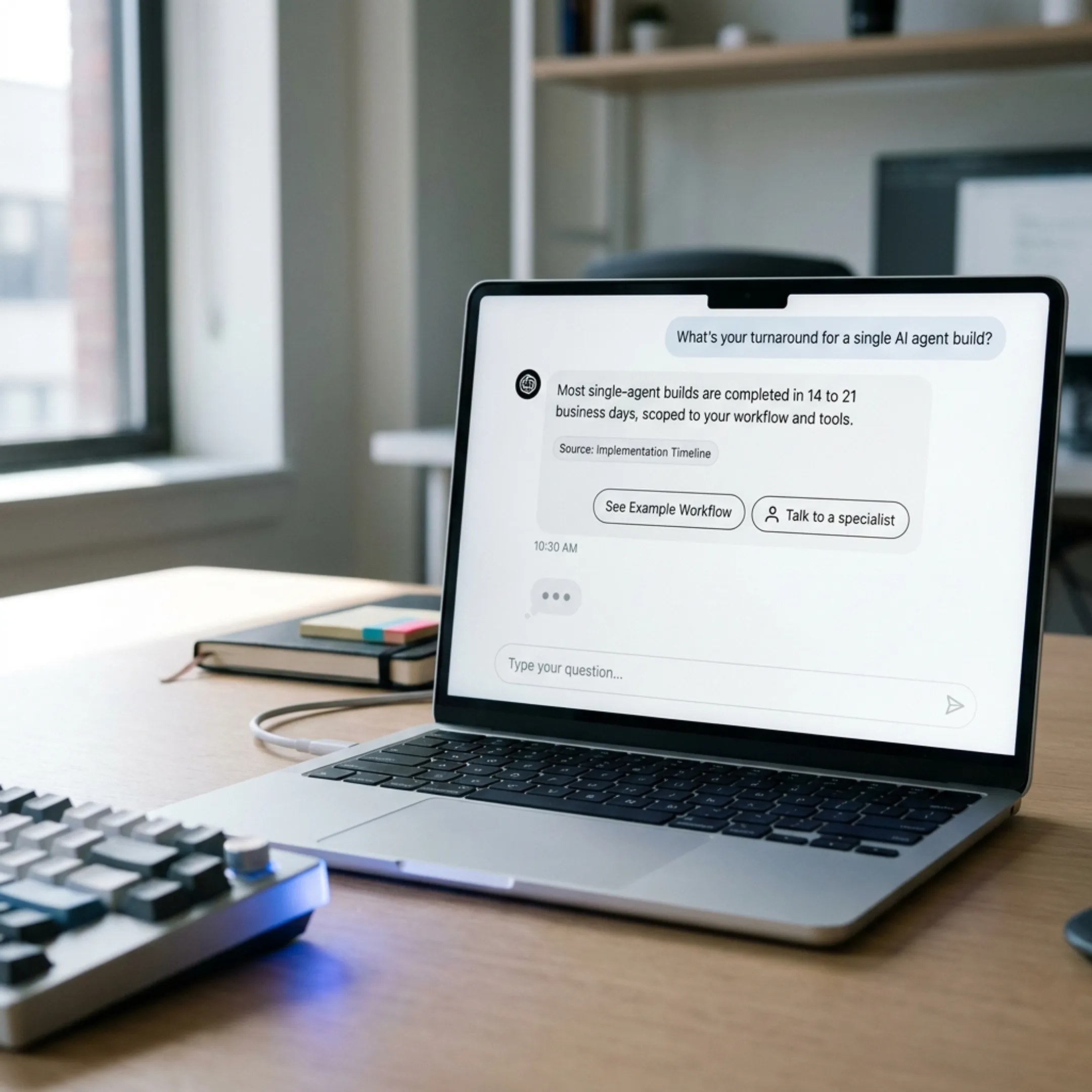 AI chatbot interface showing a grounded answer and human handoff option