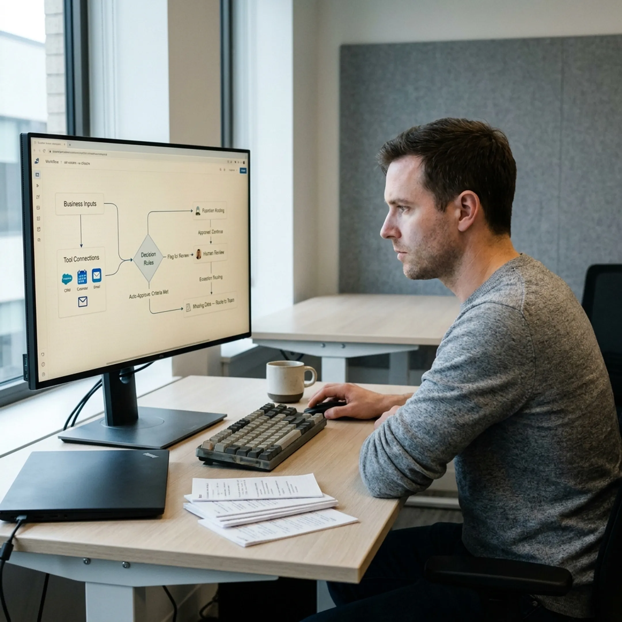 Engineer reviewing an AI agent workflow with business process steps