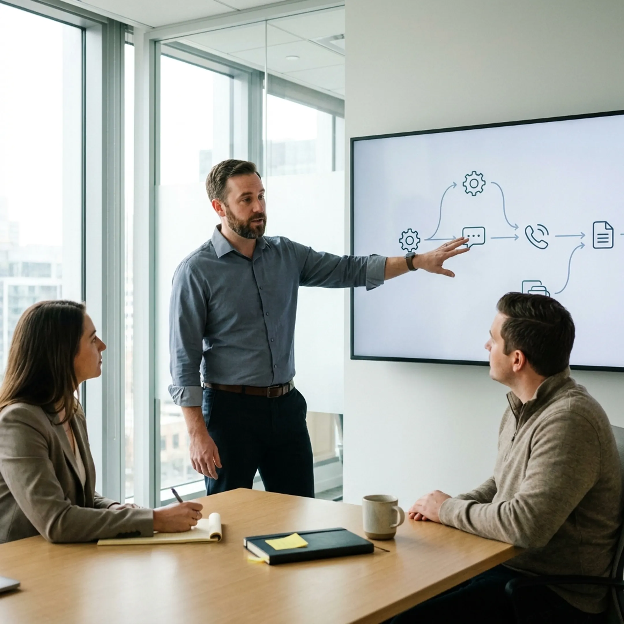 Consultant presenting an AI implementation plan with workflow diagrams and business metrics