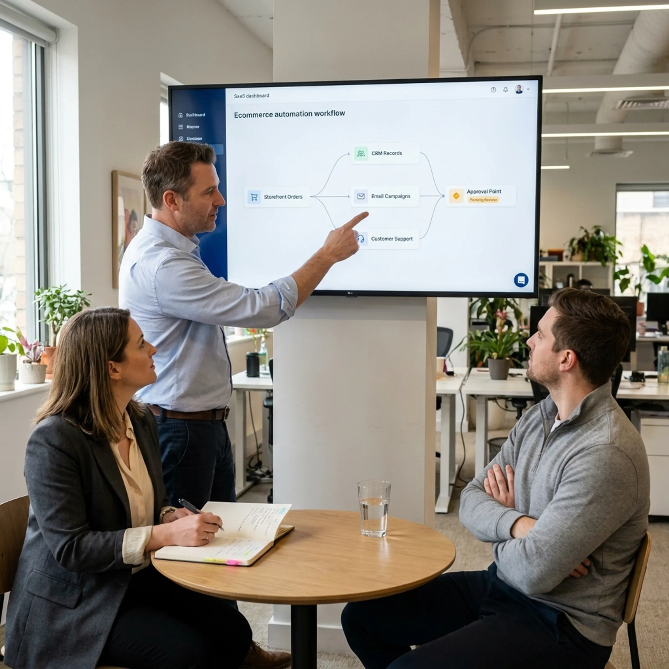 Team reviewing an ecommerce automation workflow across storefront, CRM, email, and customer support systems