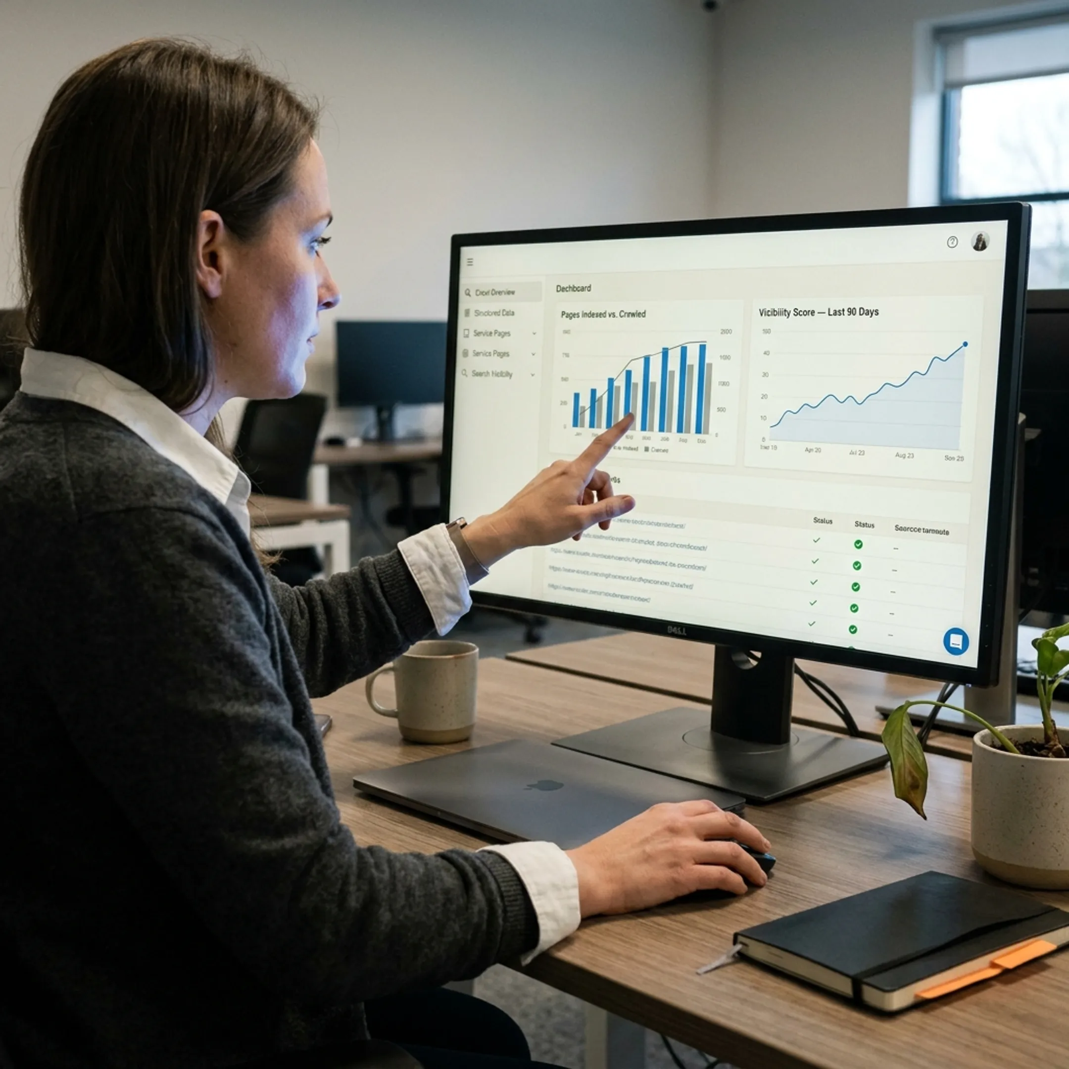 SEO consultant analyzing website architecture and search visibility data